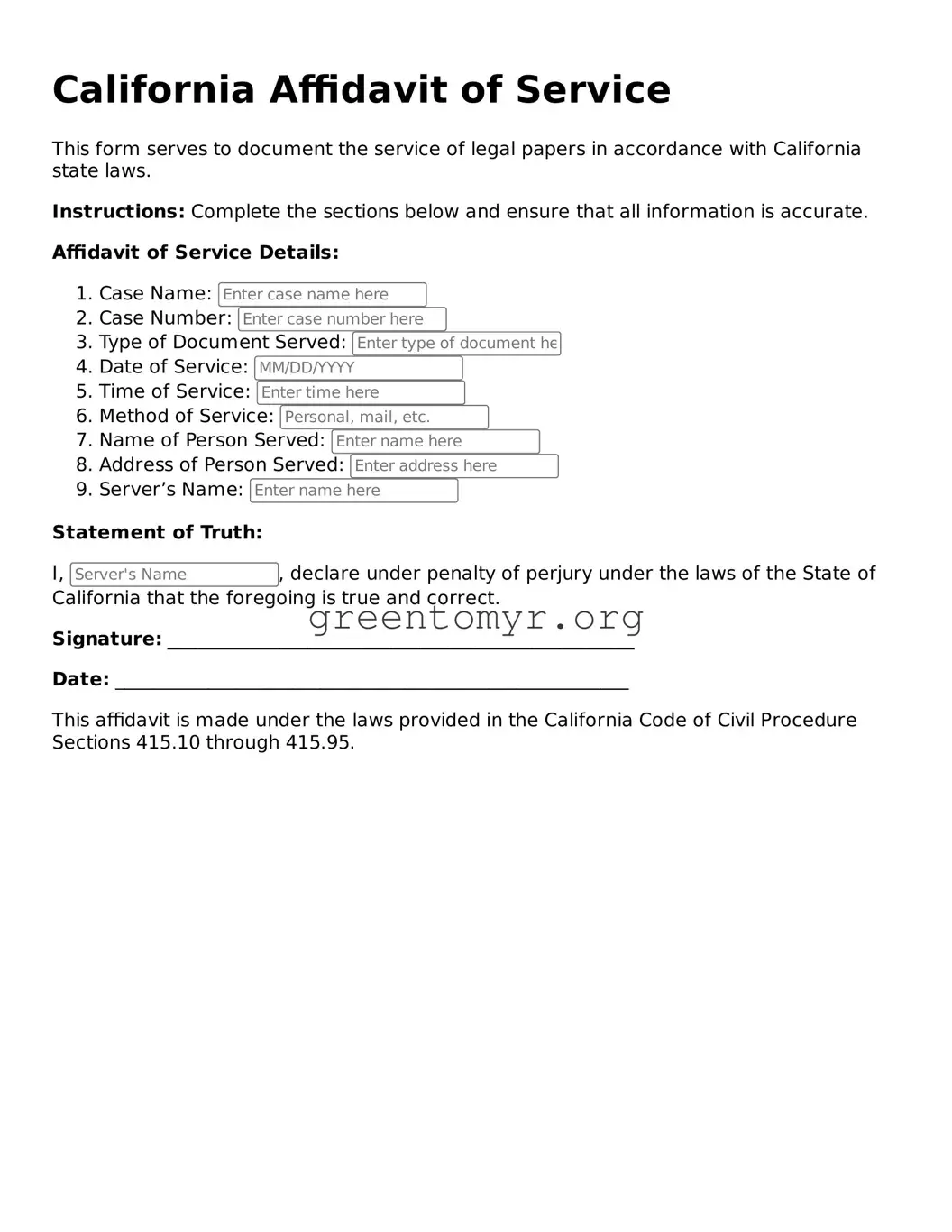 Affidavit of Service Form for the State of California