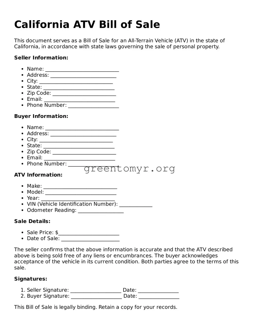 ATV Bill of Sale Form for the State of California