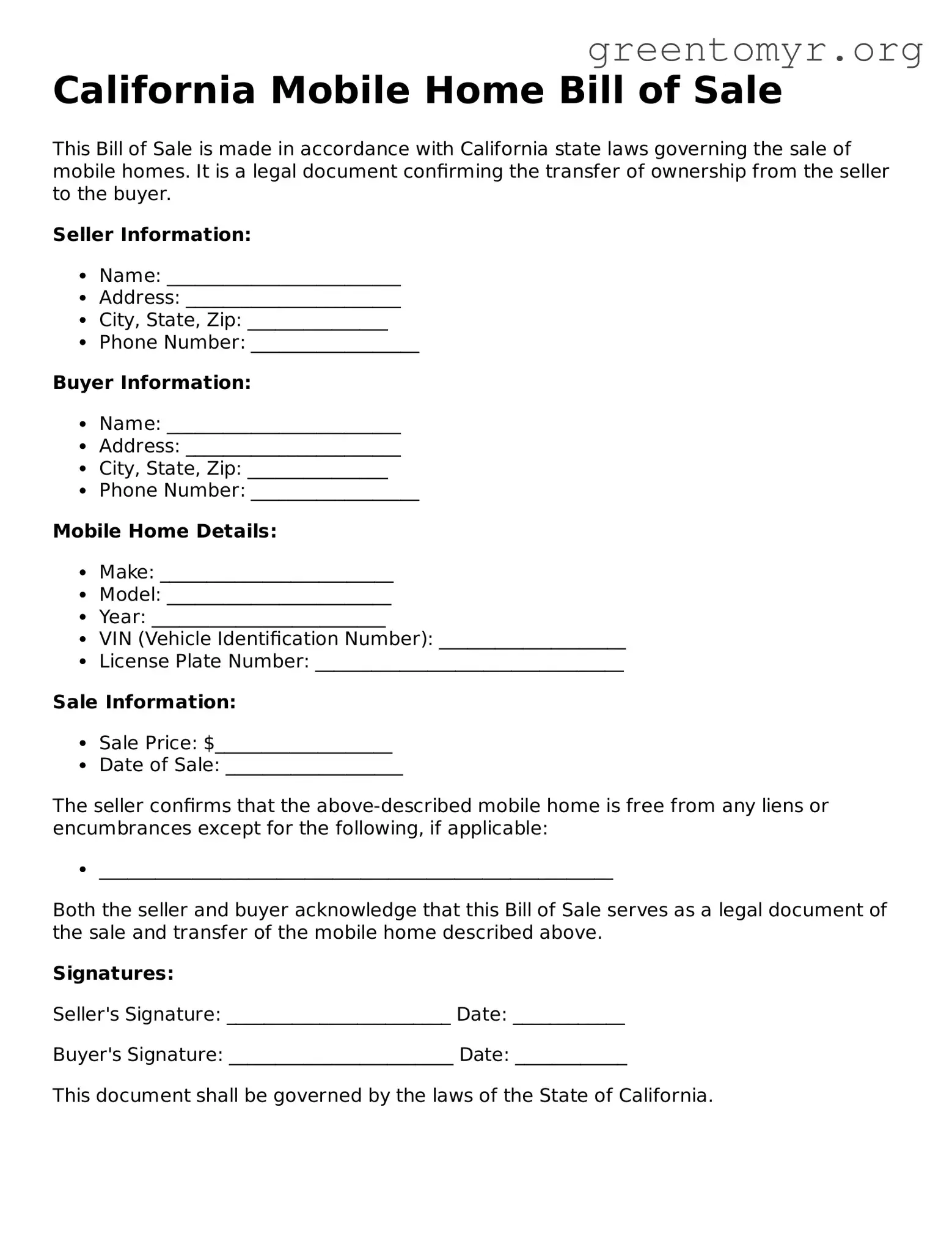 Mobile Home Bill of Sale Form for the State of California
