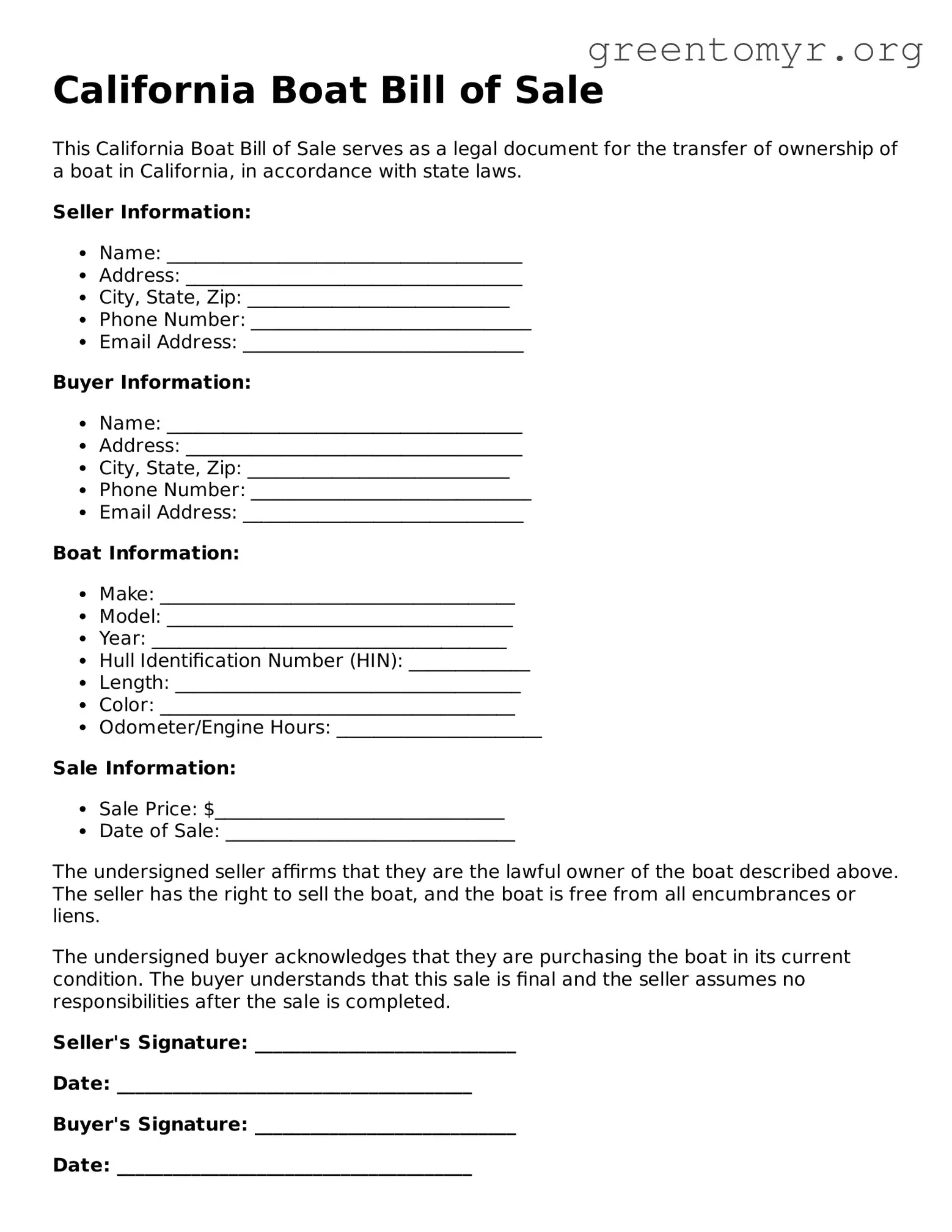 Boat Bill of Sale Form for the State of California