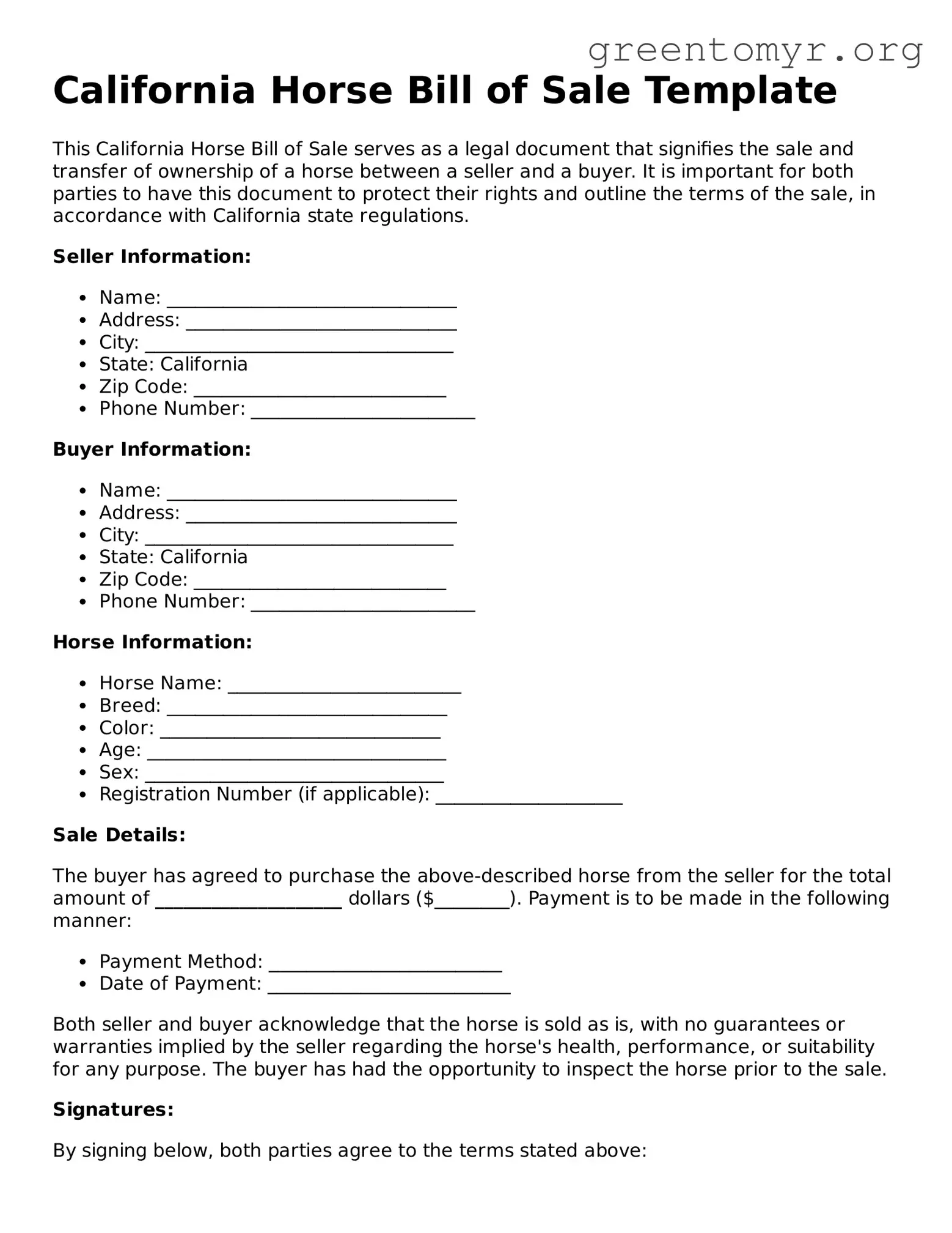 Horse Bill of Sale Form for the State of California