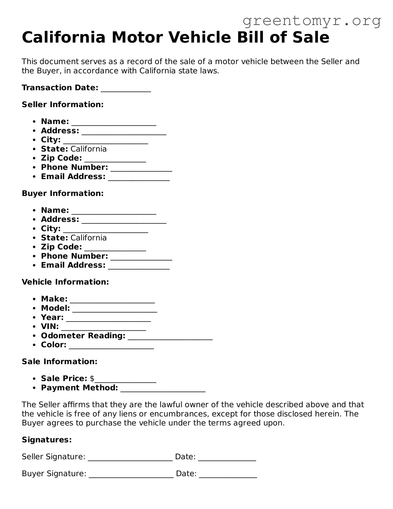 Motor Vehicle Bill of Sale Form for the State of California