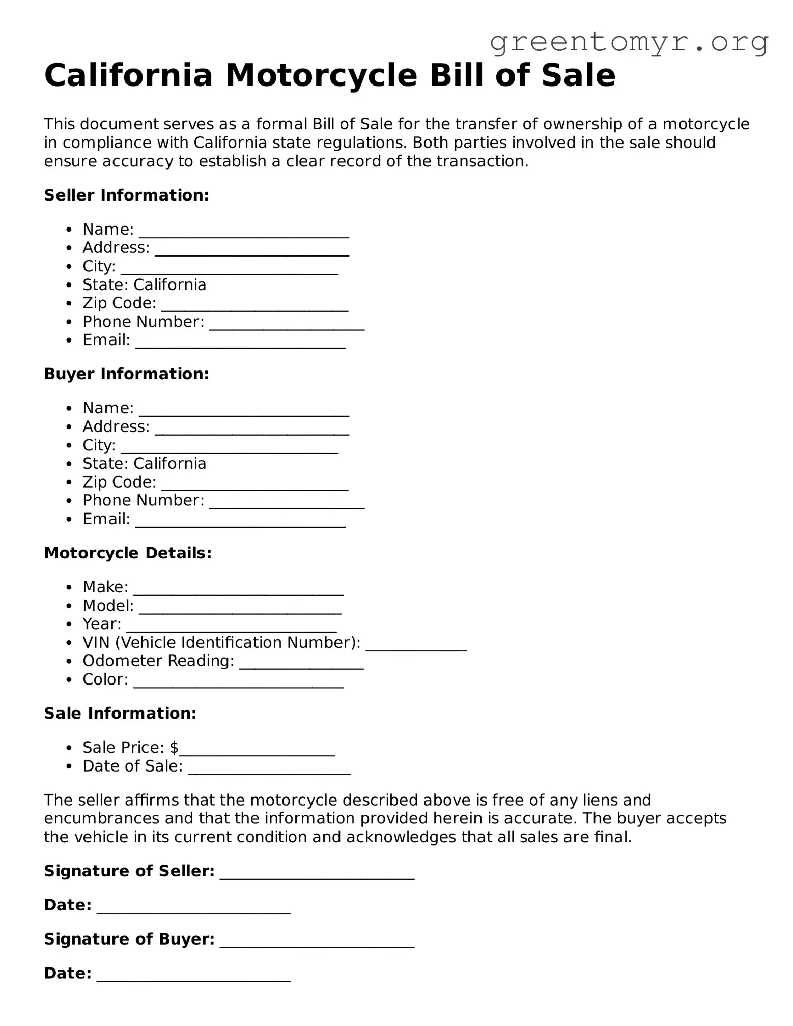 Motorcycle Bill of Sale Form for the State of California