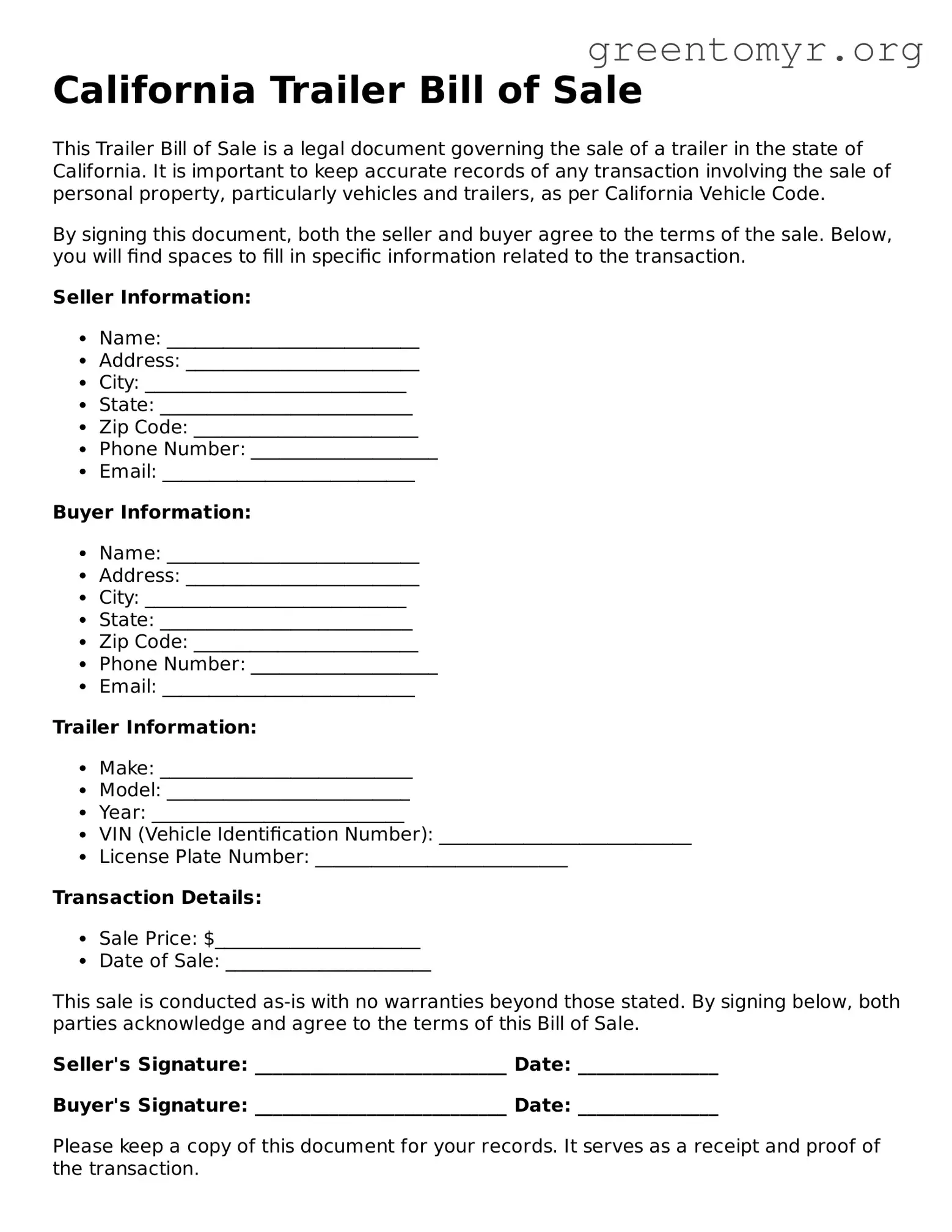 Trailer Bill of Sale Form for the State of California