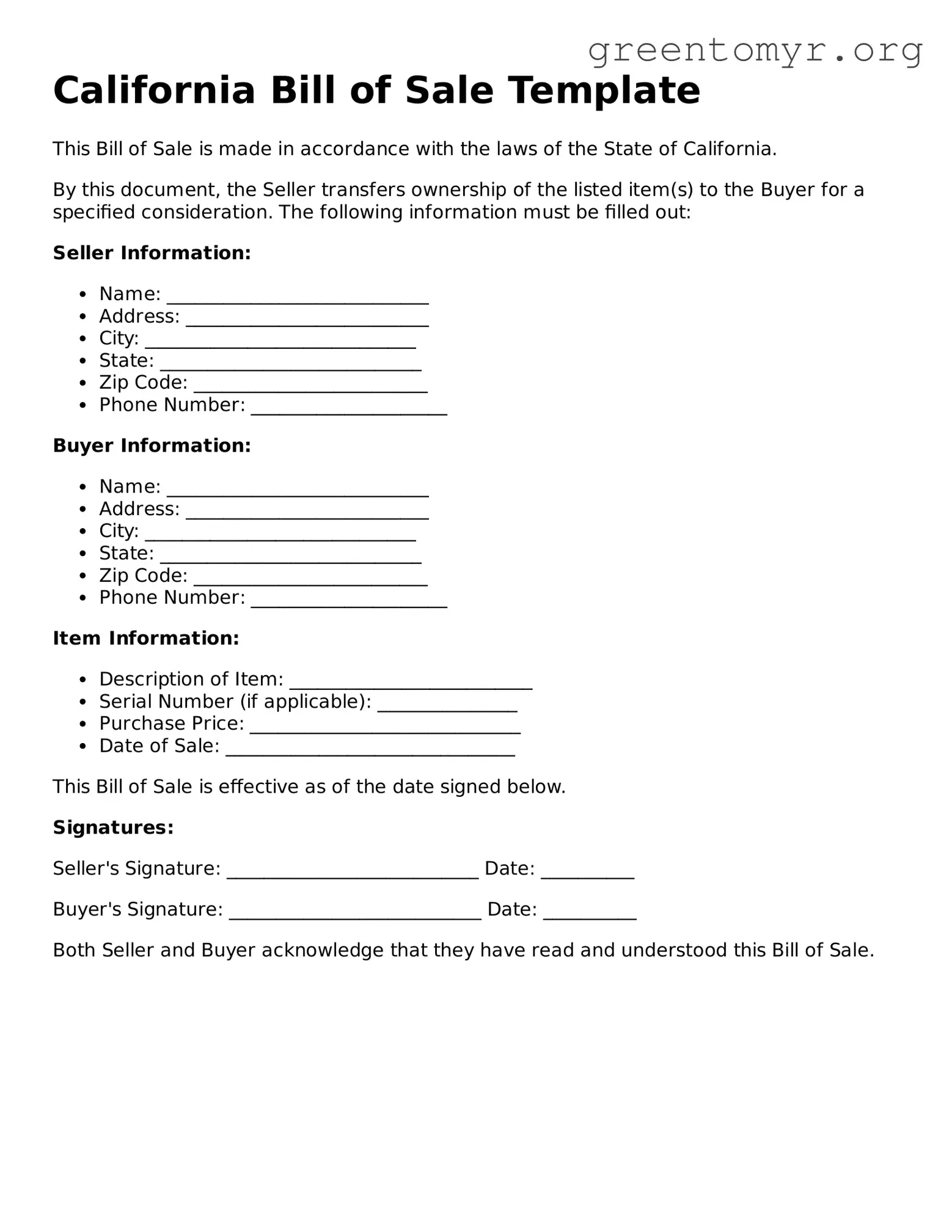 Bill of Sale Form for the State of California