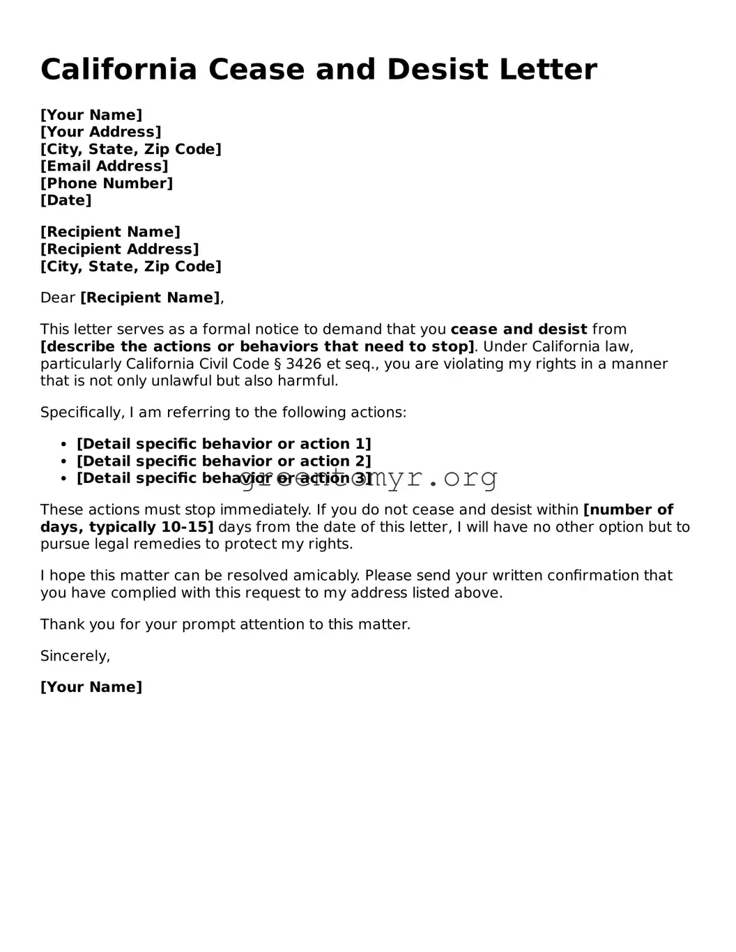 Cease and Desist Letter Form for the State of California