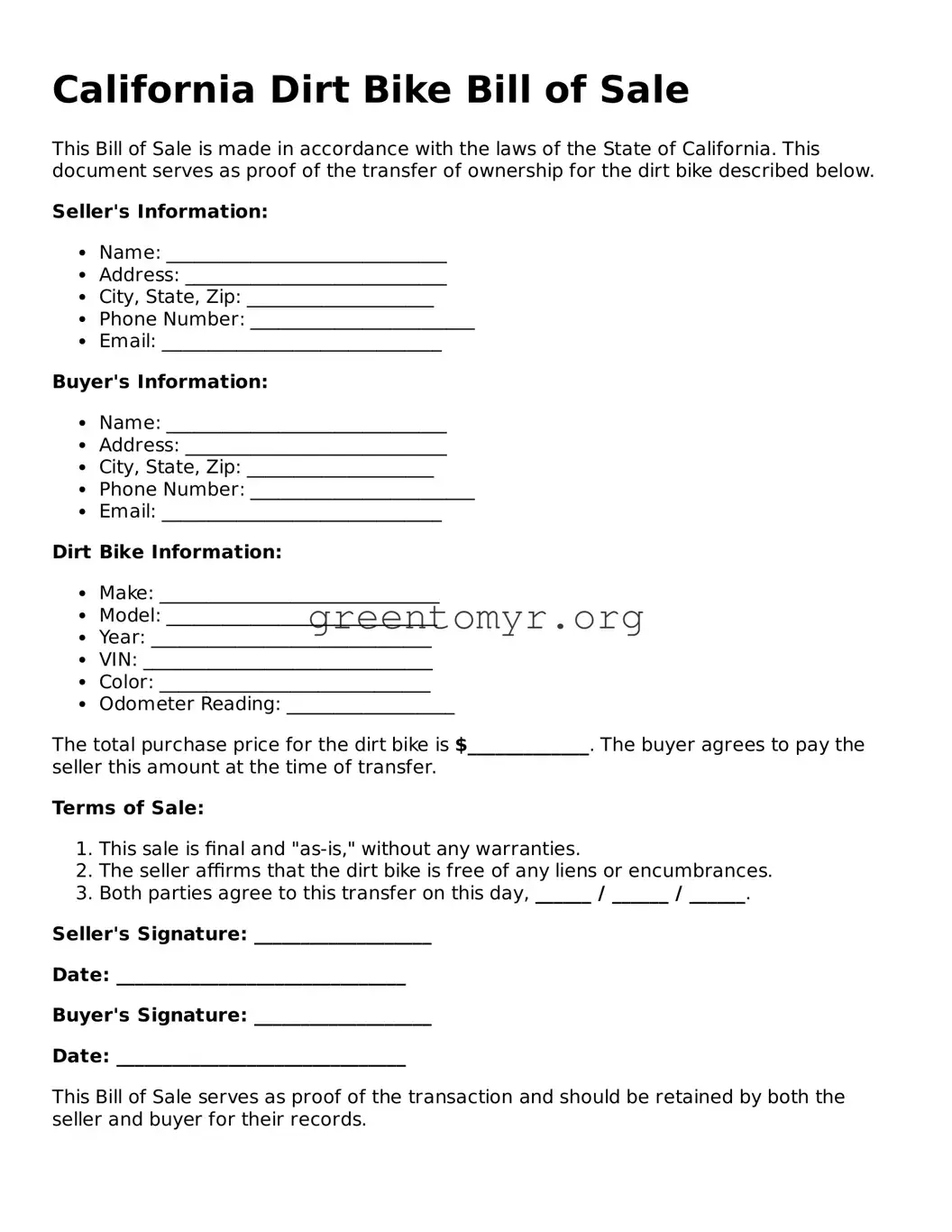 Dirt Bike Bill of Sale Form for the State of California
