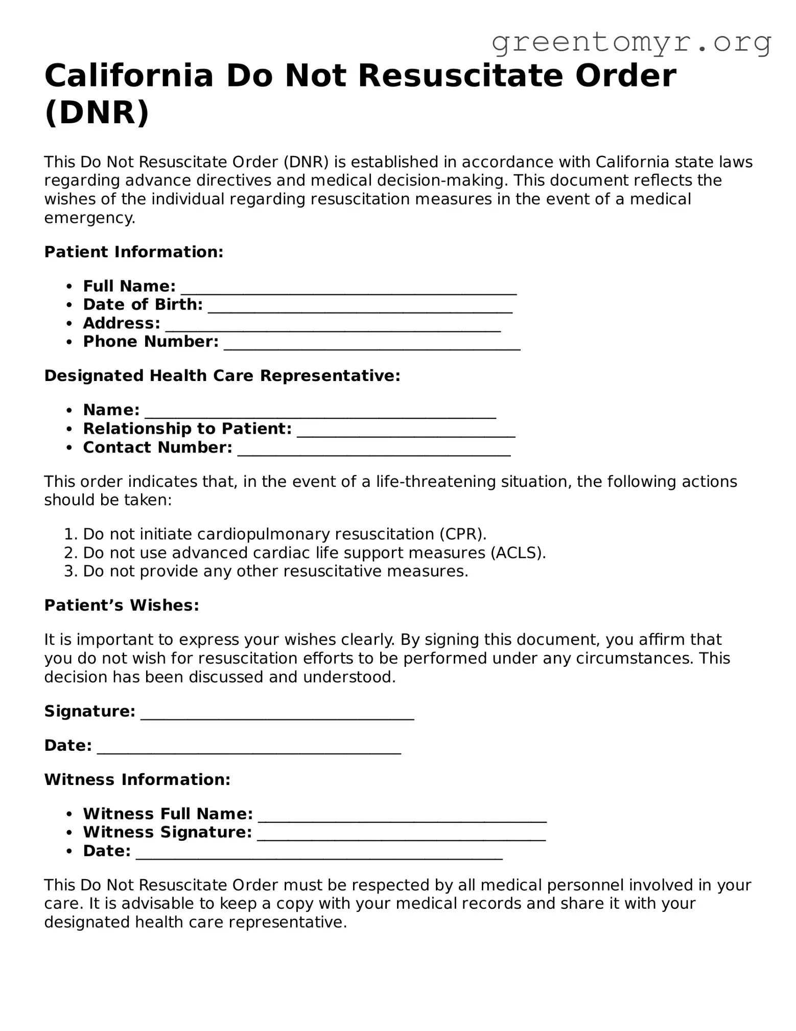 Do Not Resuscitate Order Form for the State of California