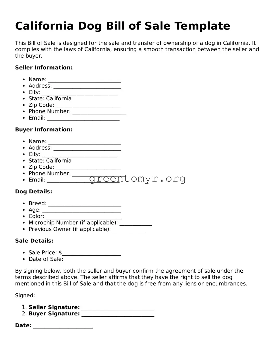 Dog Bill of Sale Form for the State of California