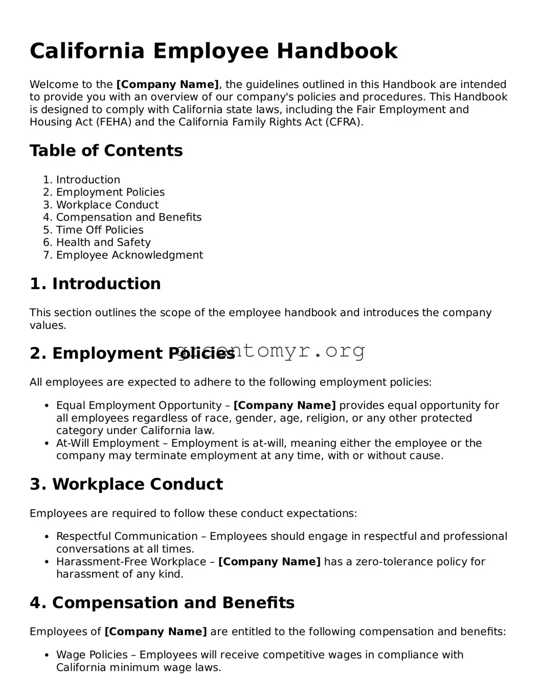 Employee Handbook Form for the State of California