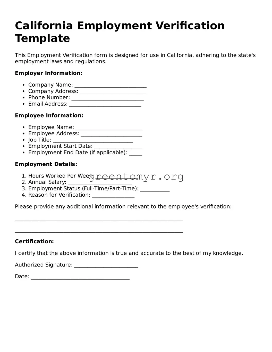 Employment Verification Form for the State of California