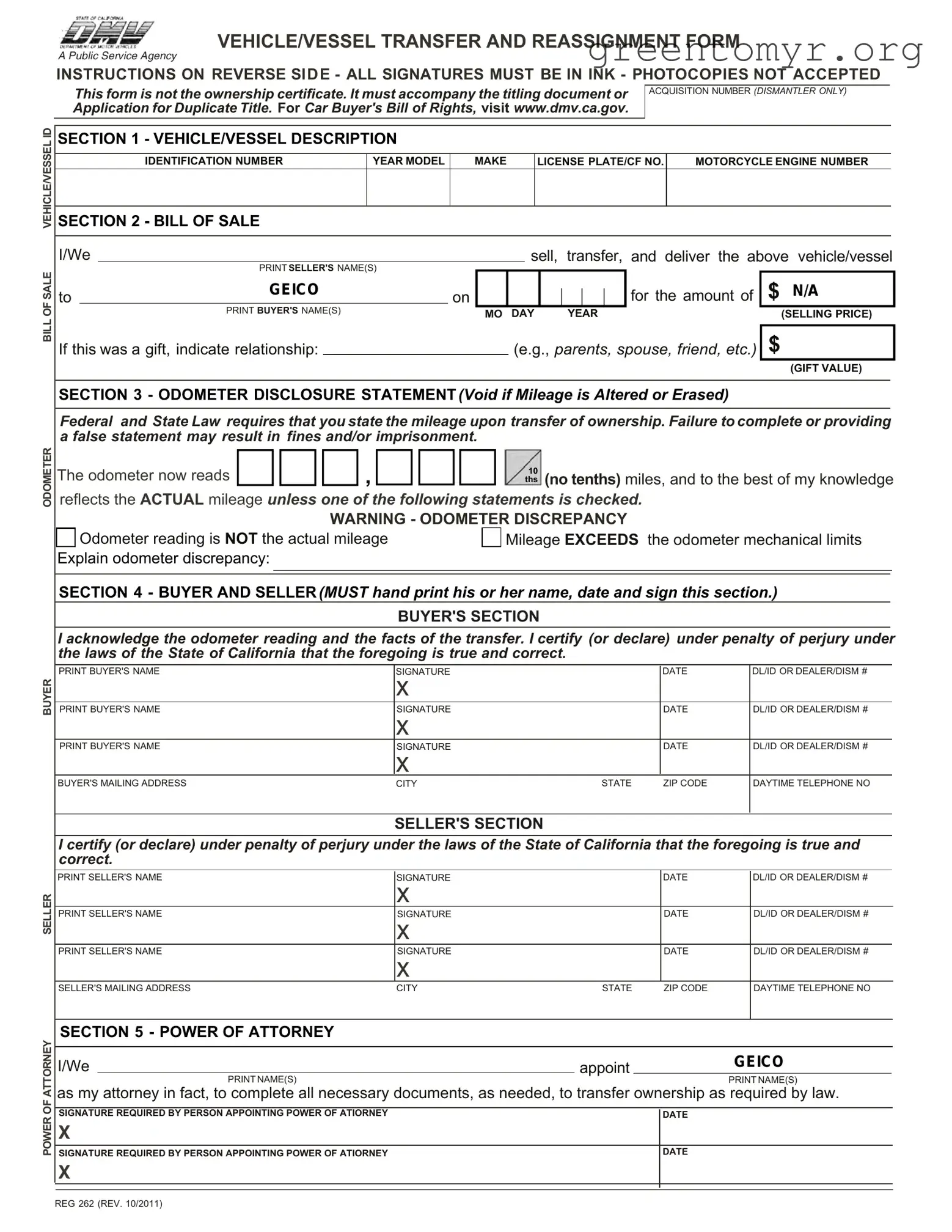 Fill in a Valid California Fotm Reg 262 Template
