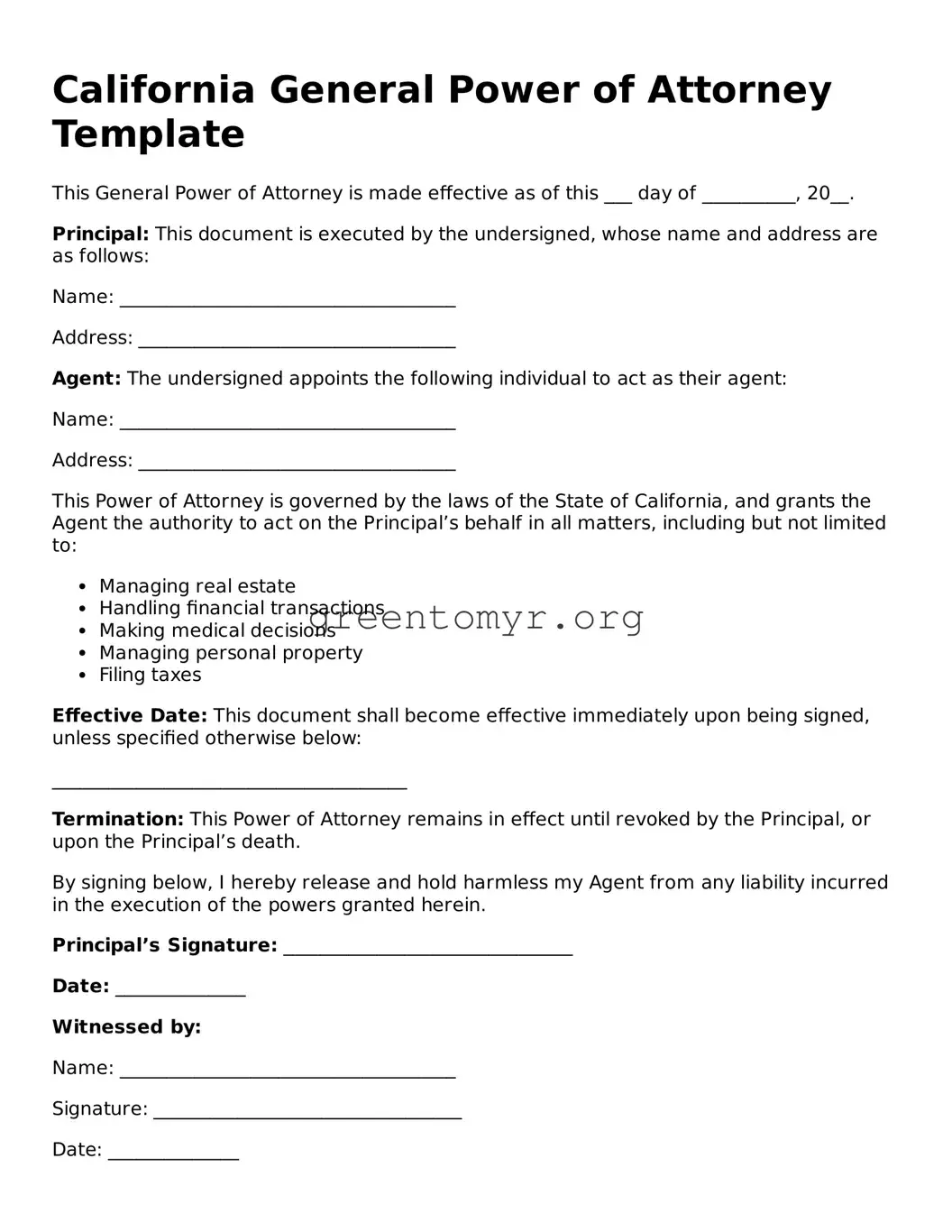 General Power of Attorney Form for the State of California