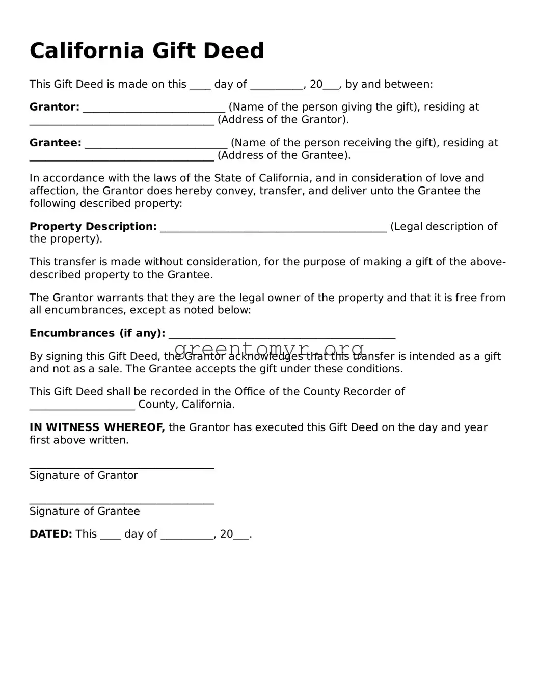 Gift Deed Form for the State of California