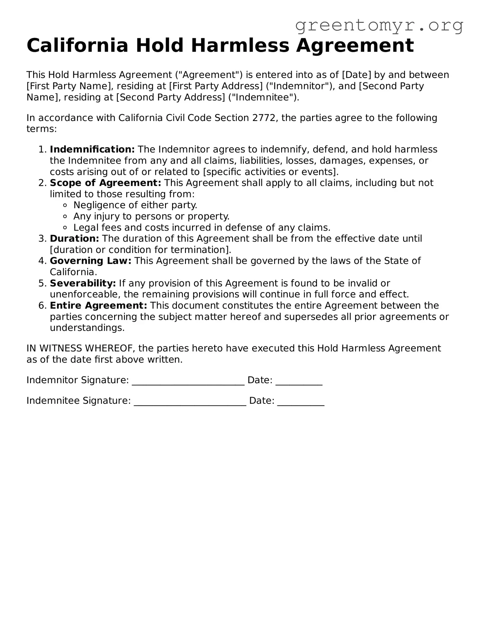 Hold Harmless Agreement Form for the State of California