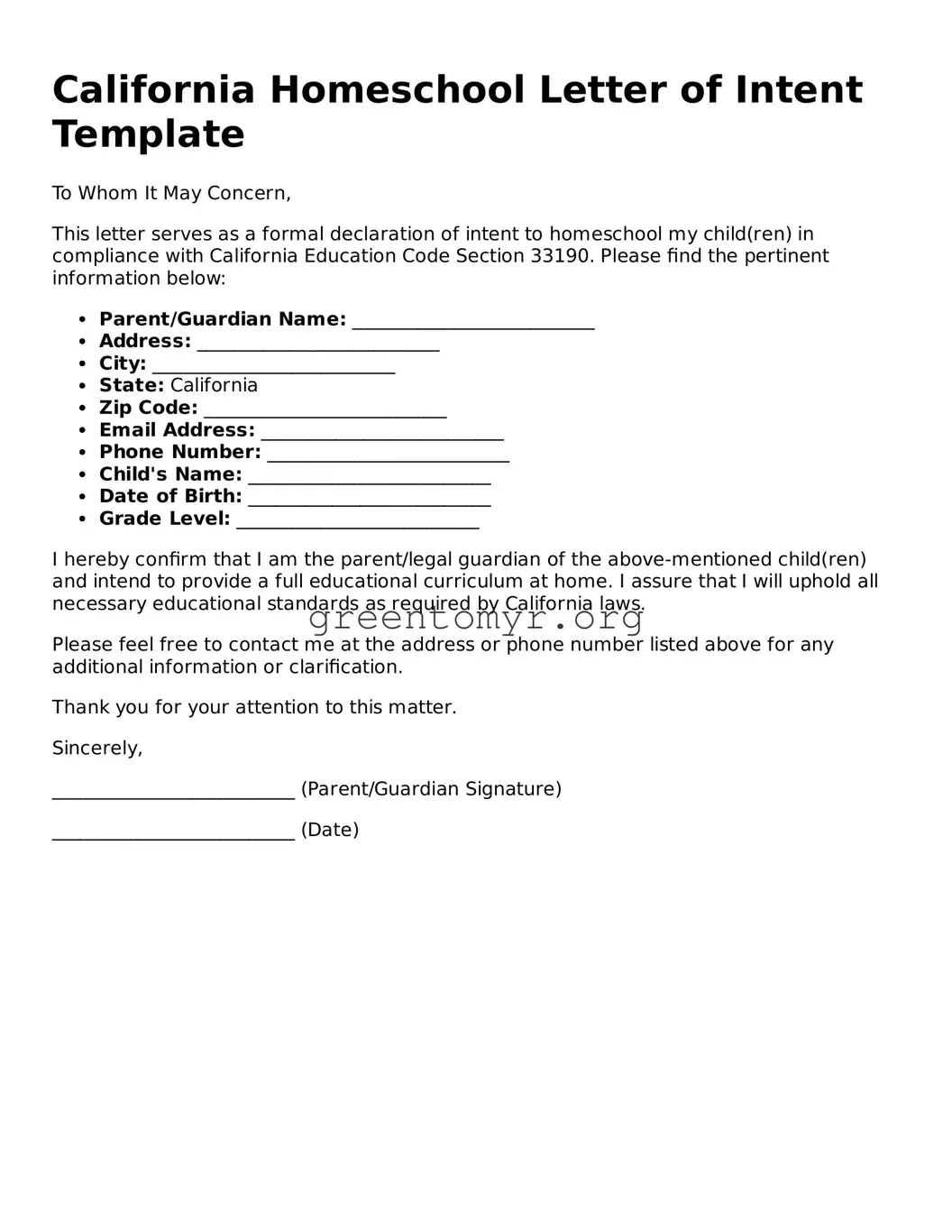 Homeschool Letter of Intent Form for the State of California
