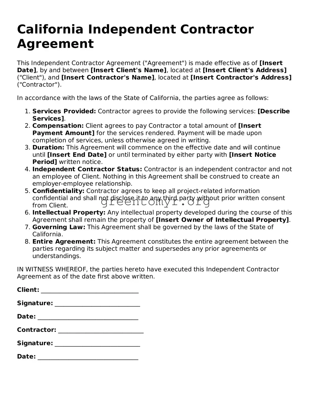 Independent Contractor Agreement Form for the State of California