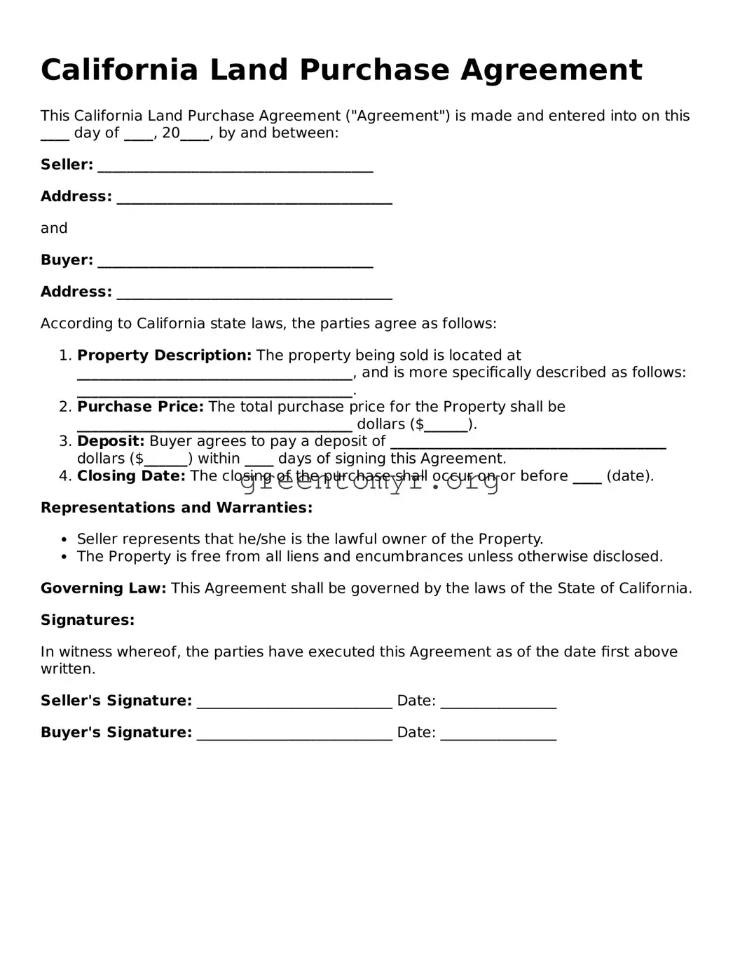 Land Purchase Agreement Form for the State of California