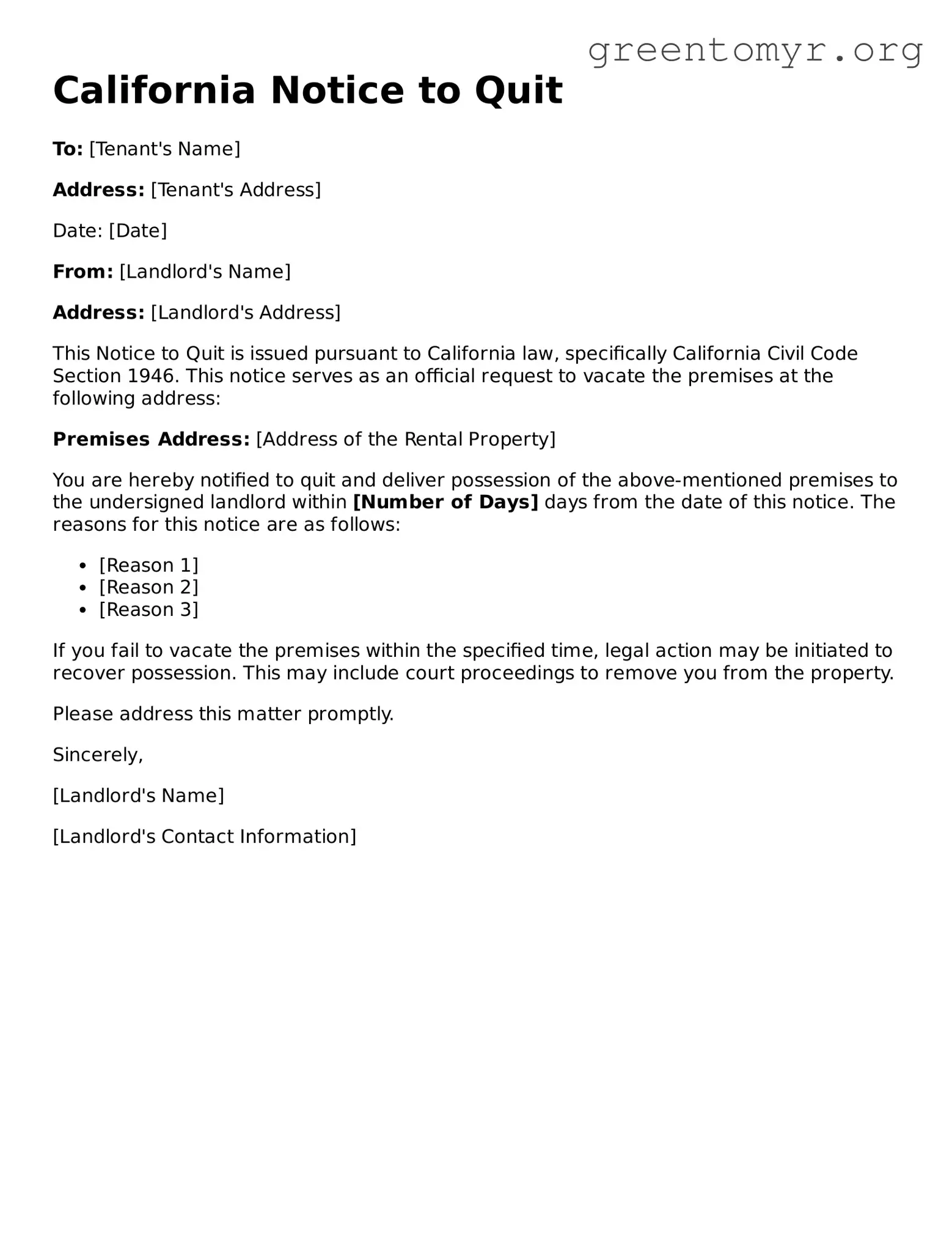 Notice to Quit Form for the State of California