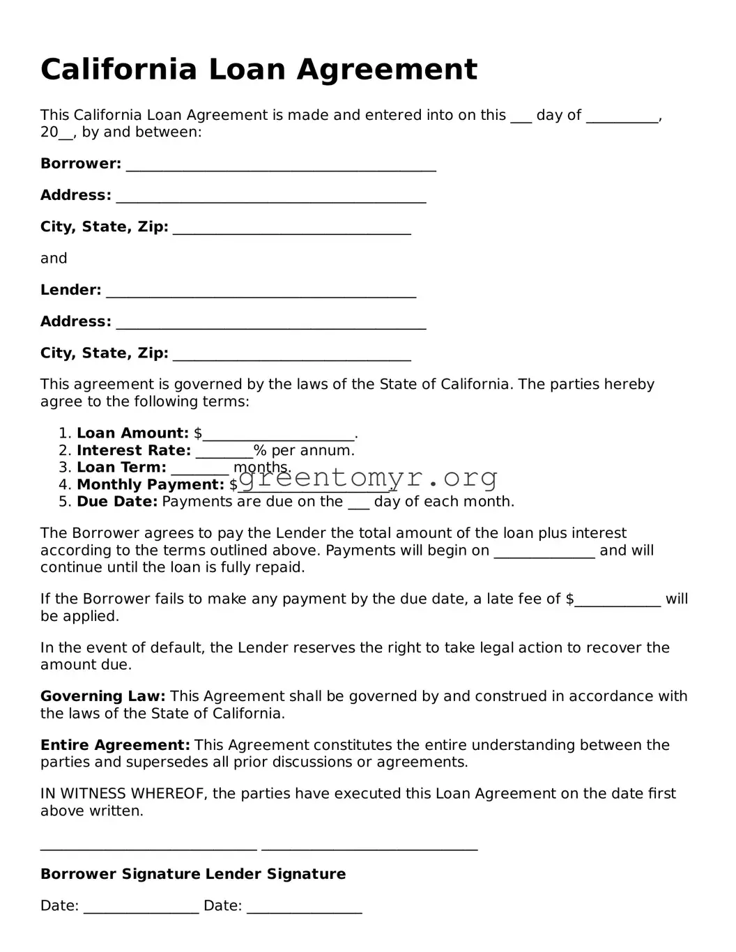 Loan Agreement Form for the State of California