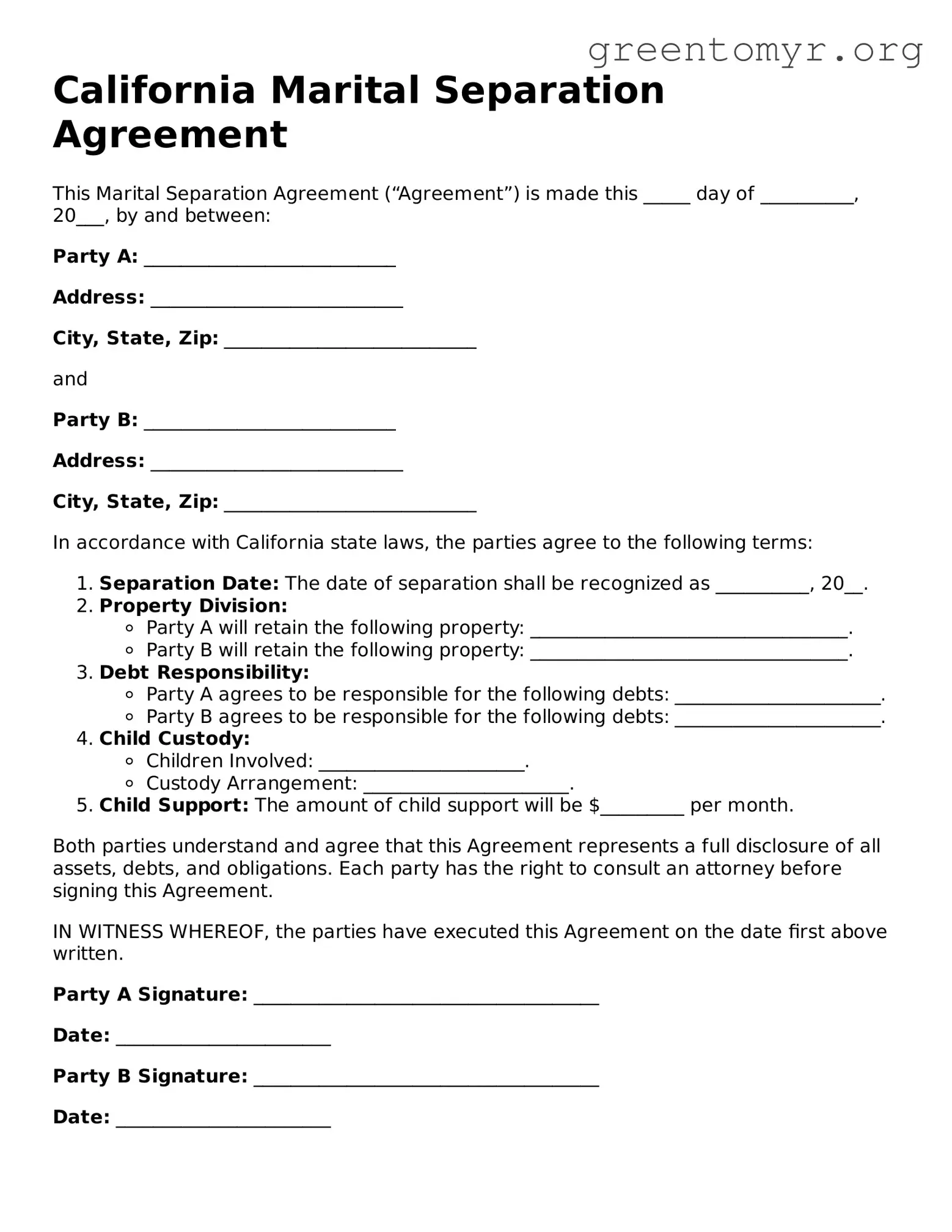 Marital Separation Agreement Form for the State of California