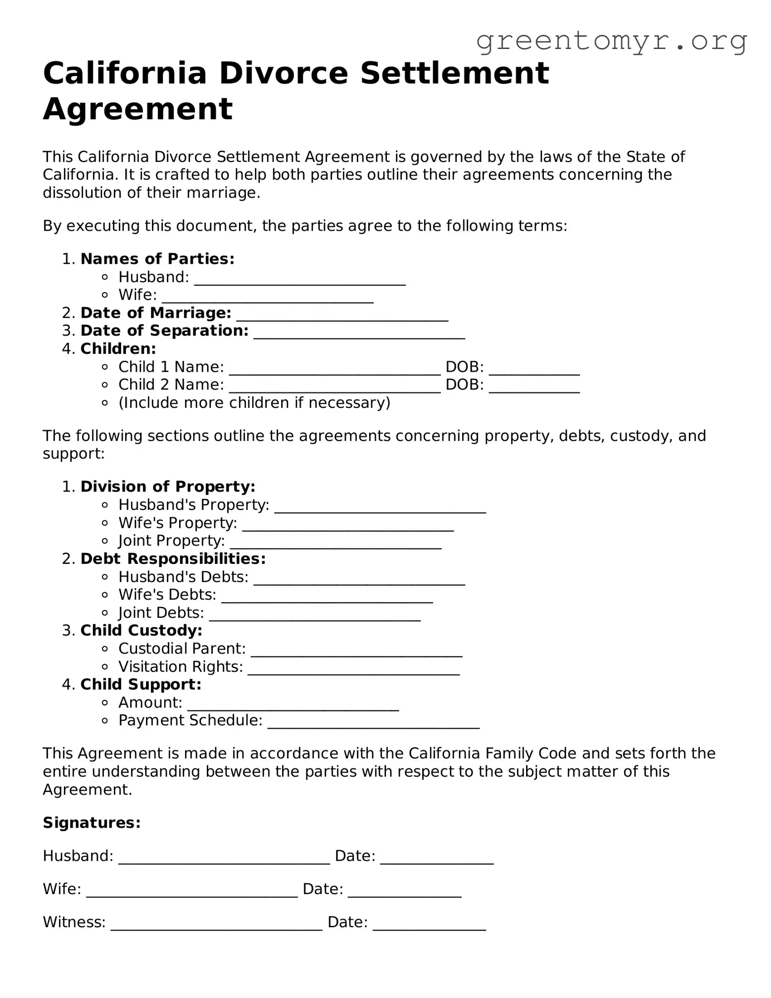 Divorce Settlement Agreement Form for the State of California
