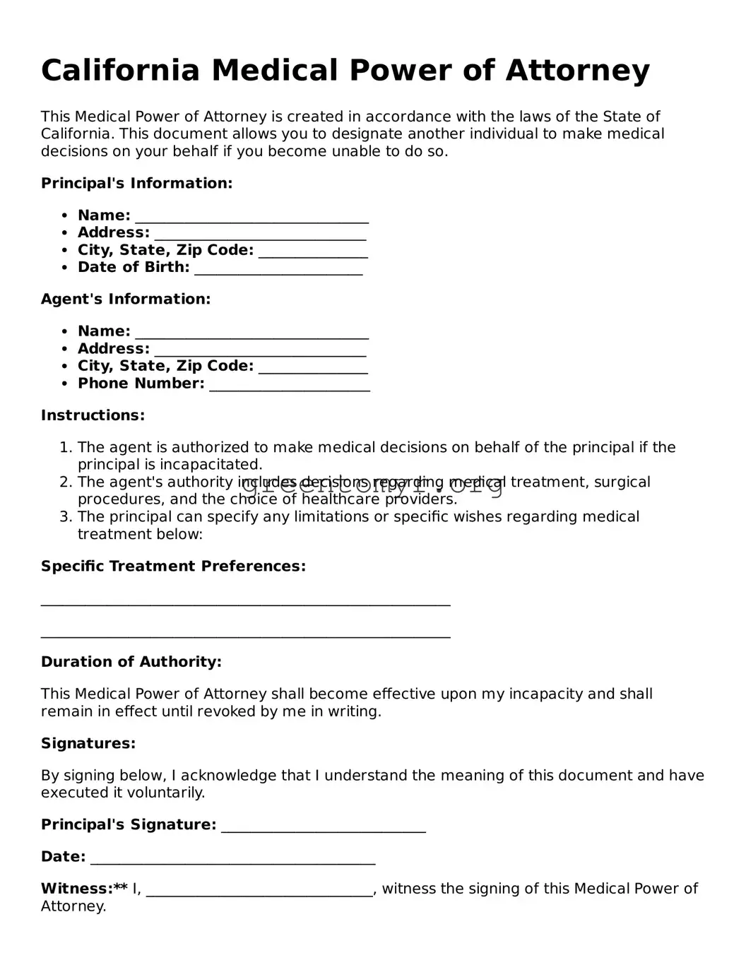 Medical Power of Attorney Form for the State of California
