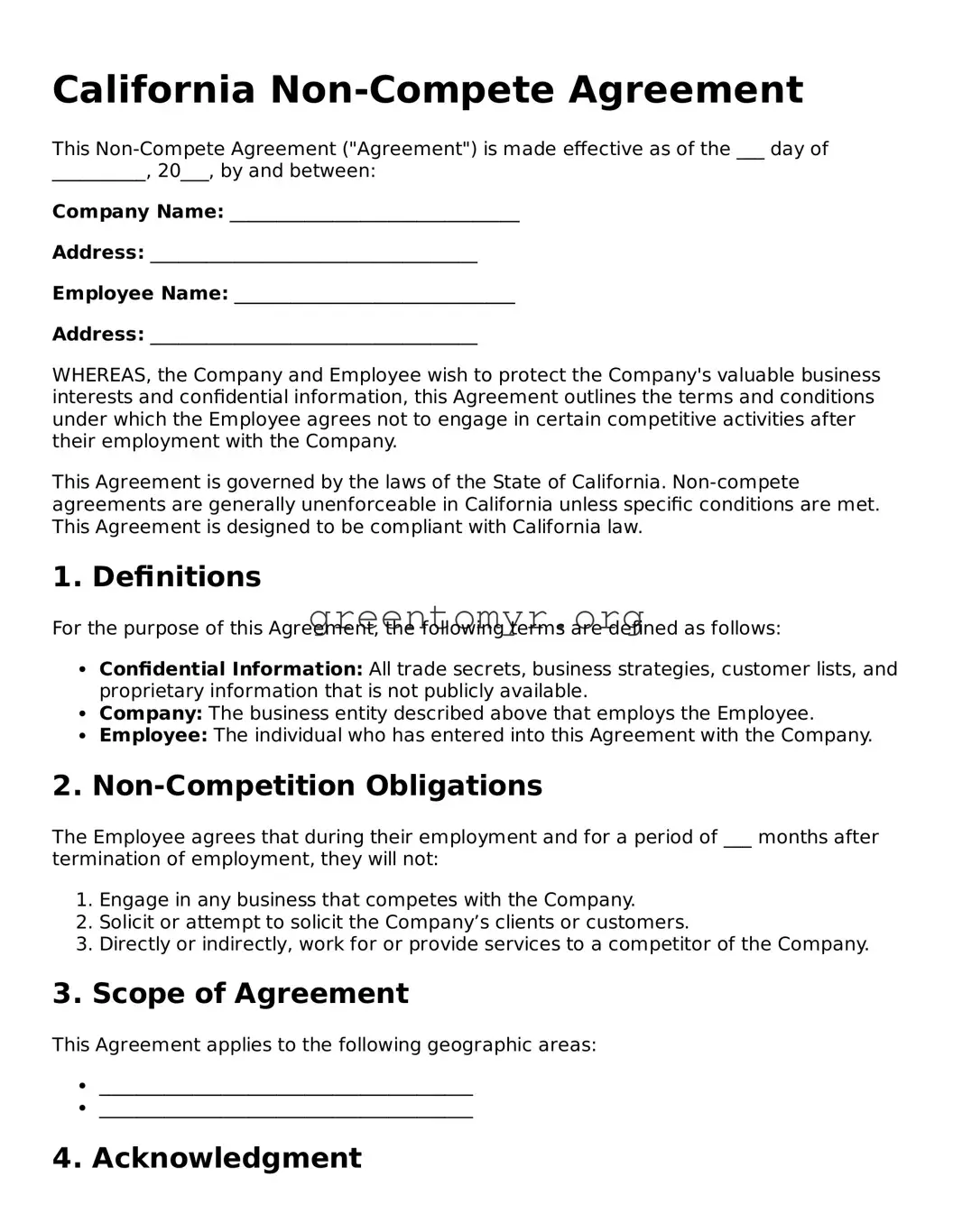 Non-compete Agreement Form for the State of California
