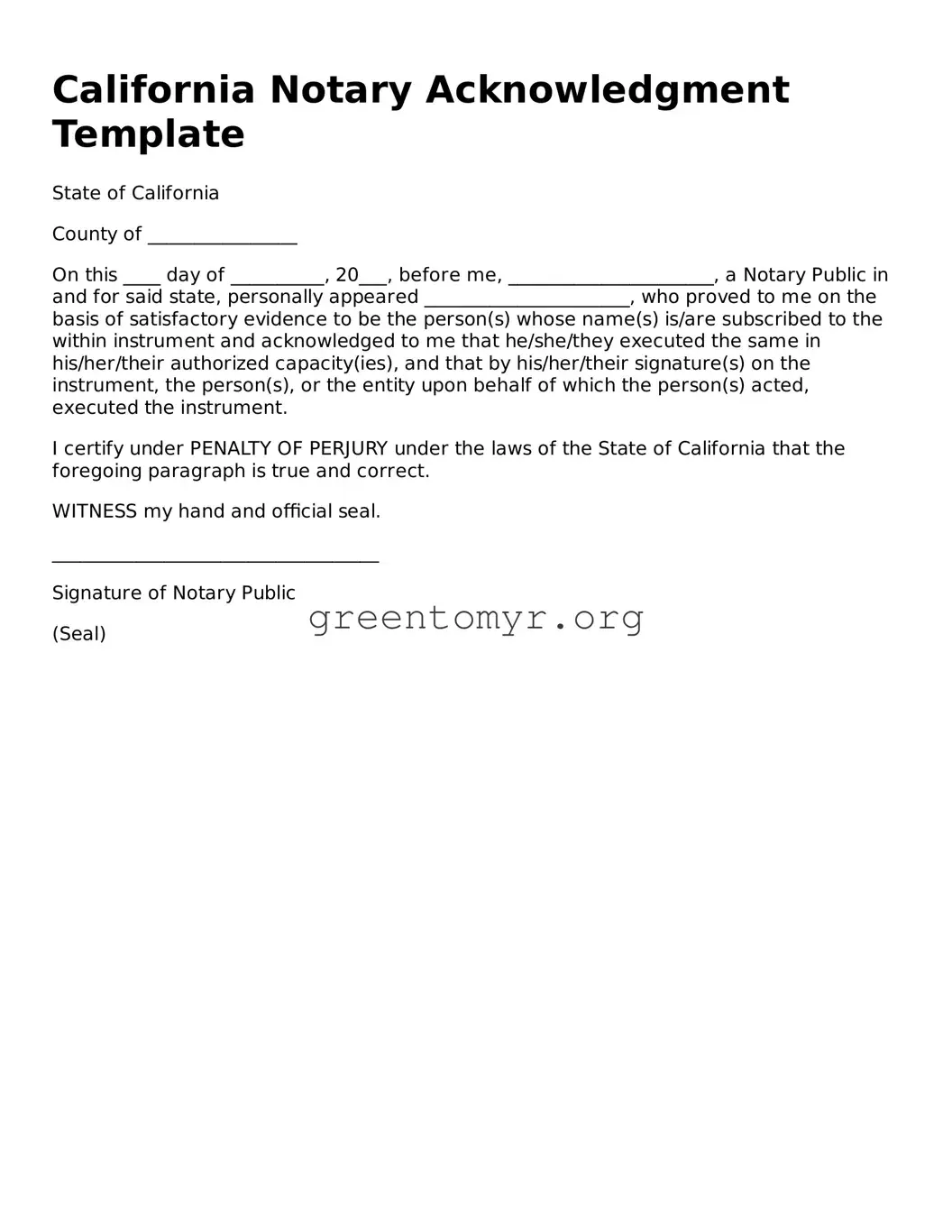 Notary Acknowledgement Form for the State of California