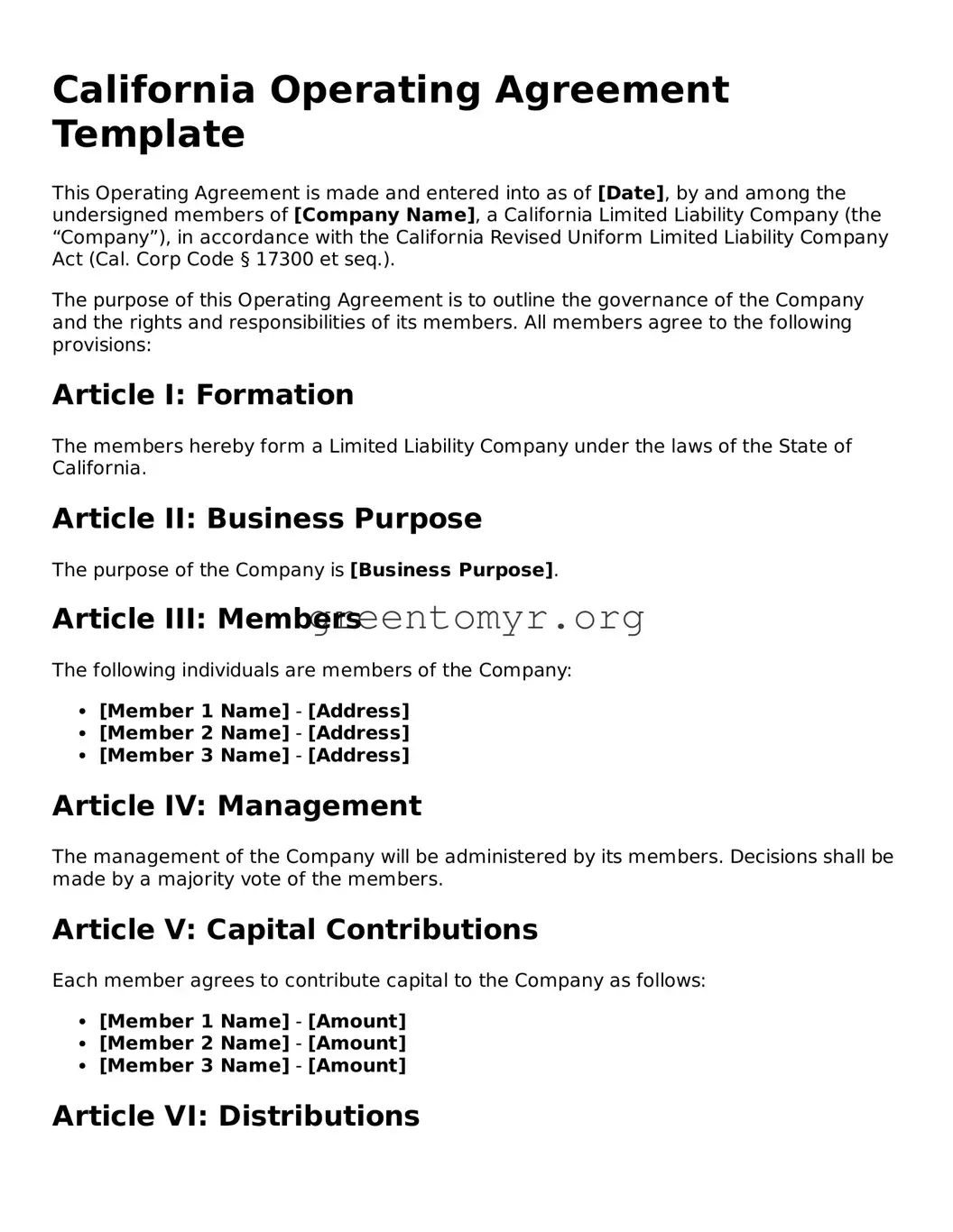 Operating Agreement Form for the State of California