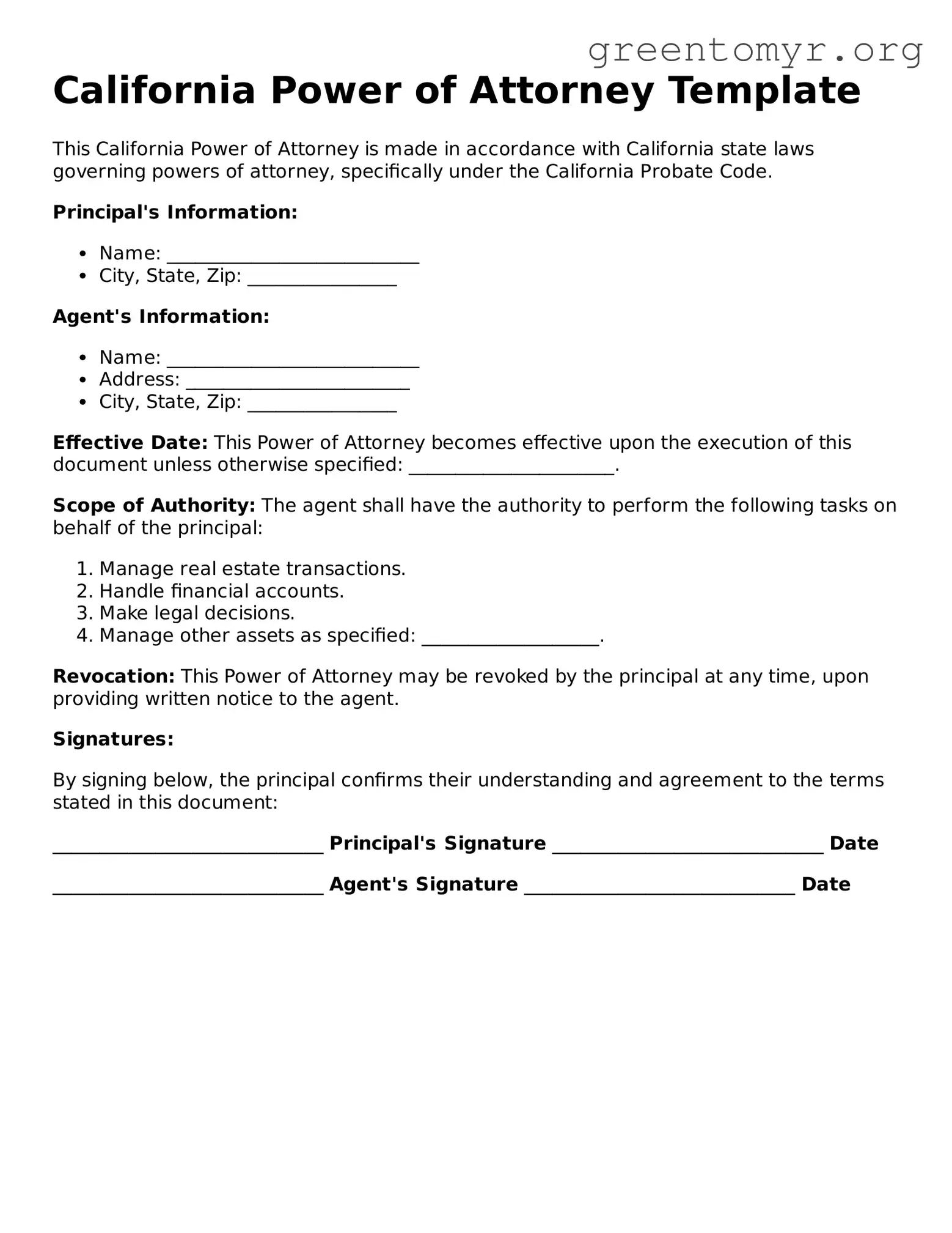 Power of Attorney Form for the State of California