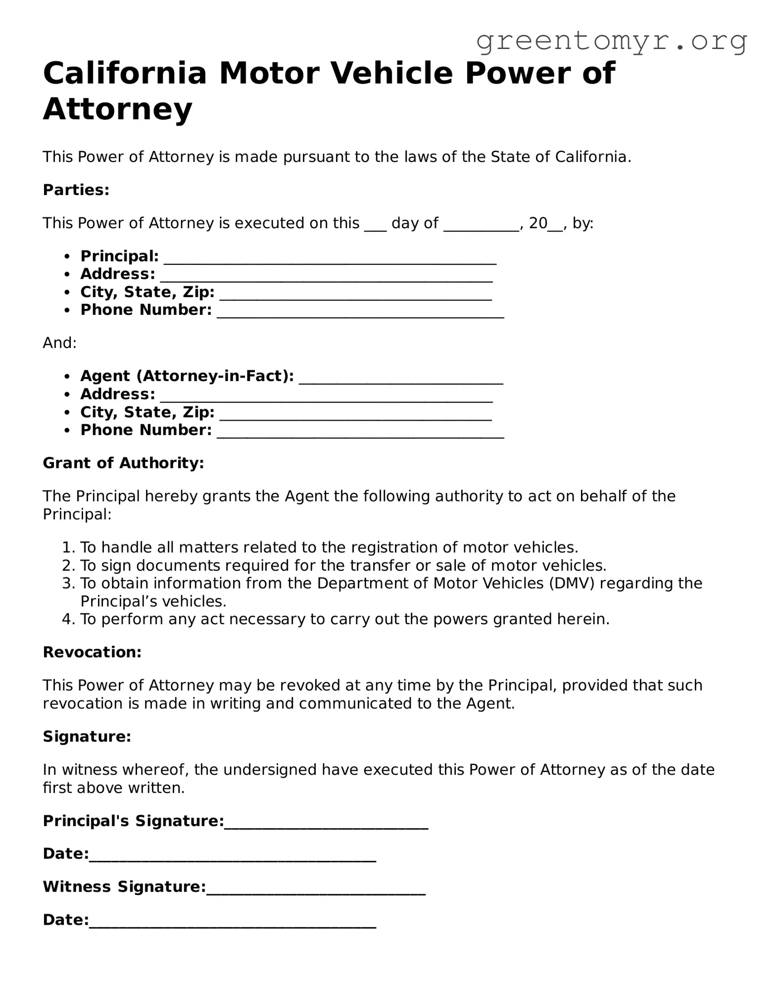 Motor Vehicle Power of Attorney Form for the State of California