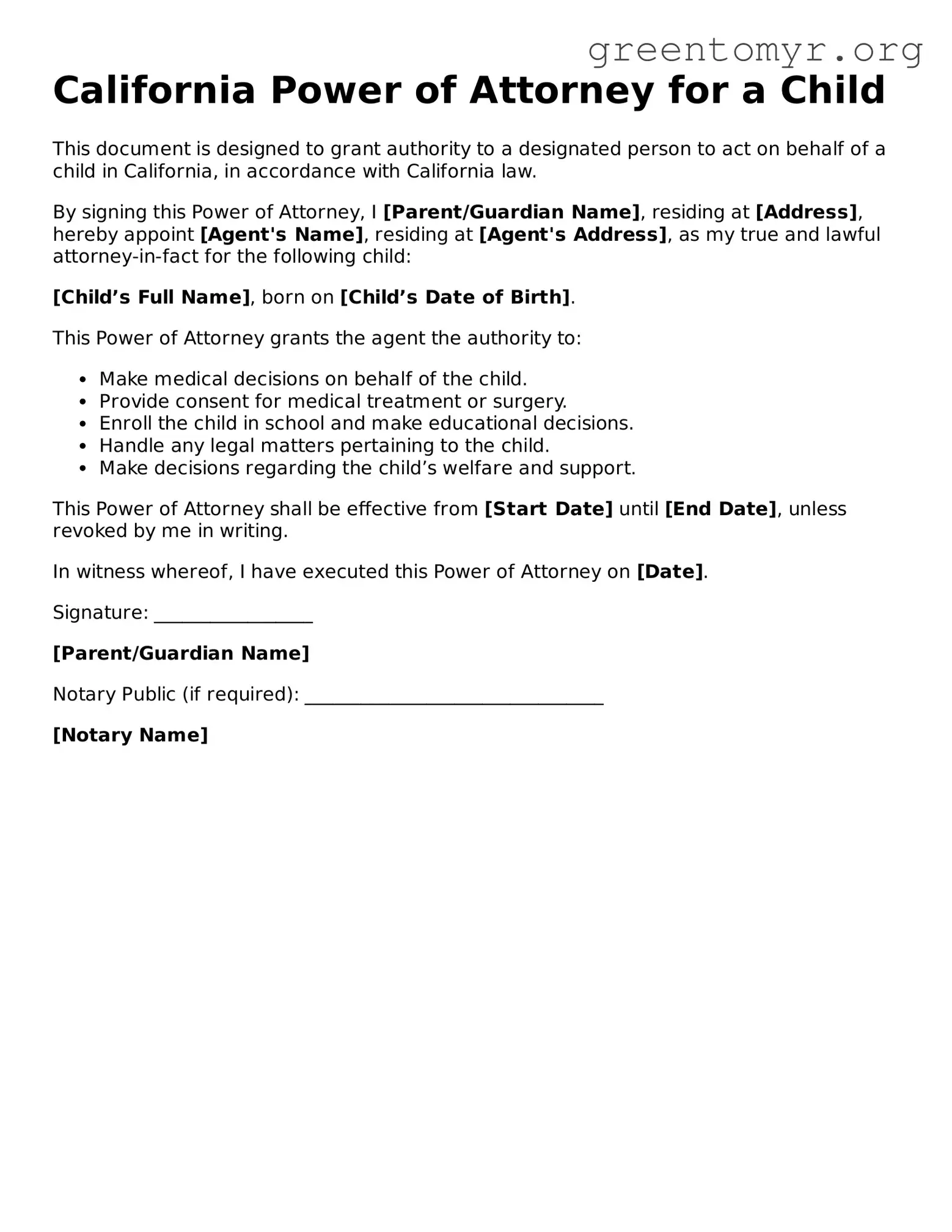 Power of Attorney for a Child Form for the State of California