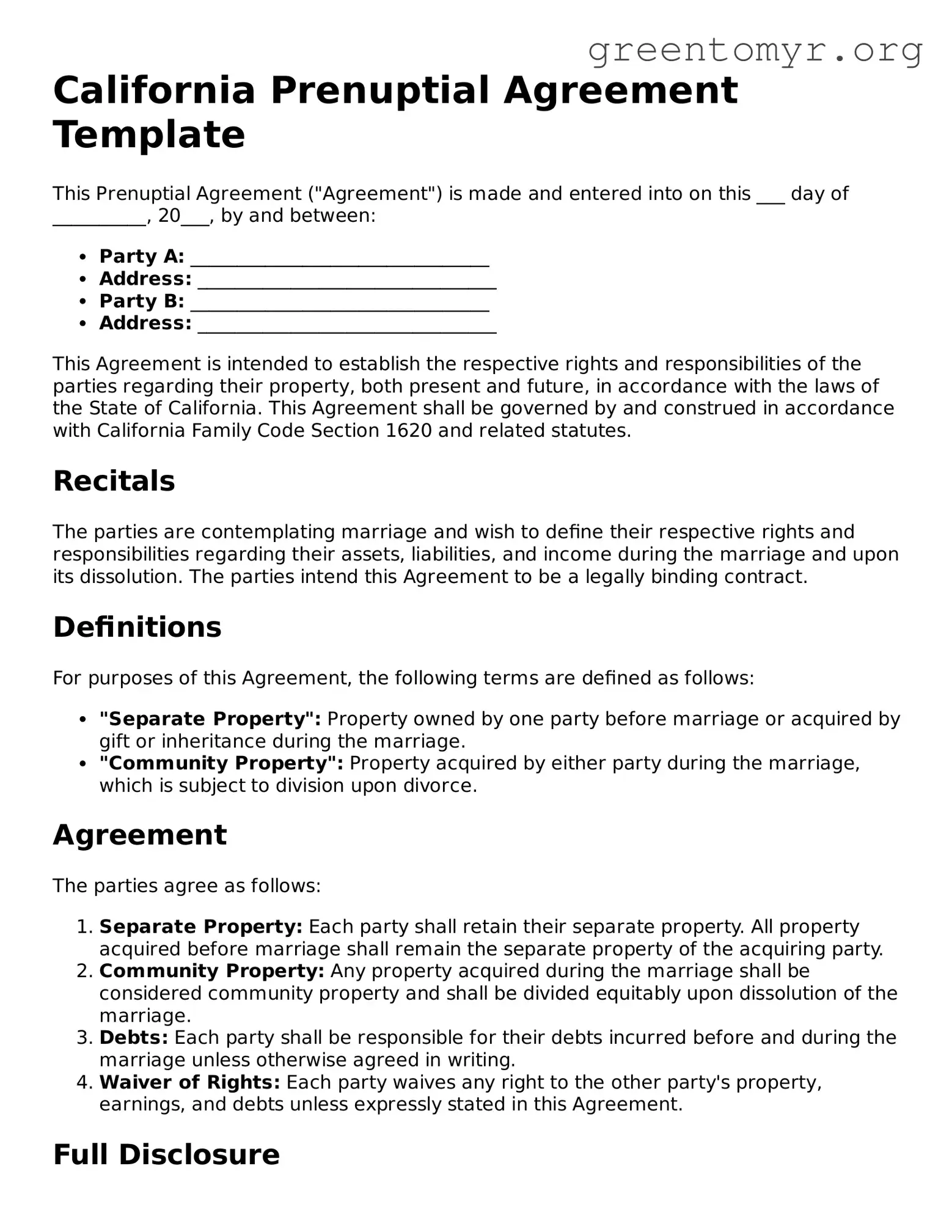 Prenuptial Agreement Form for the State of California