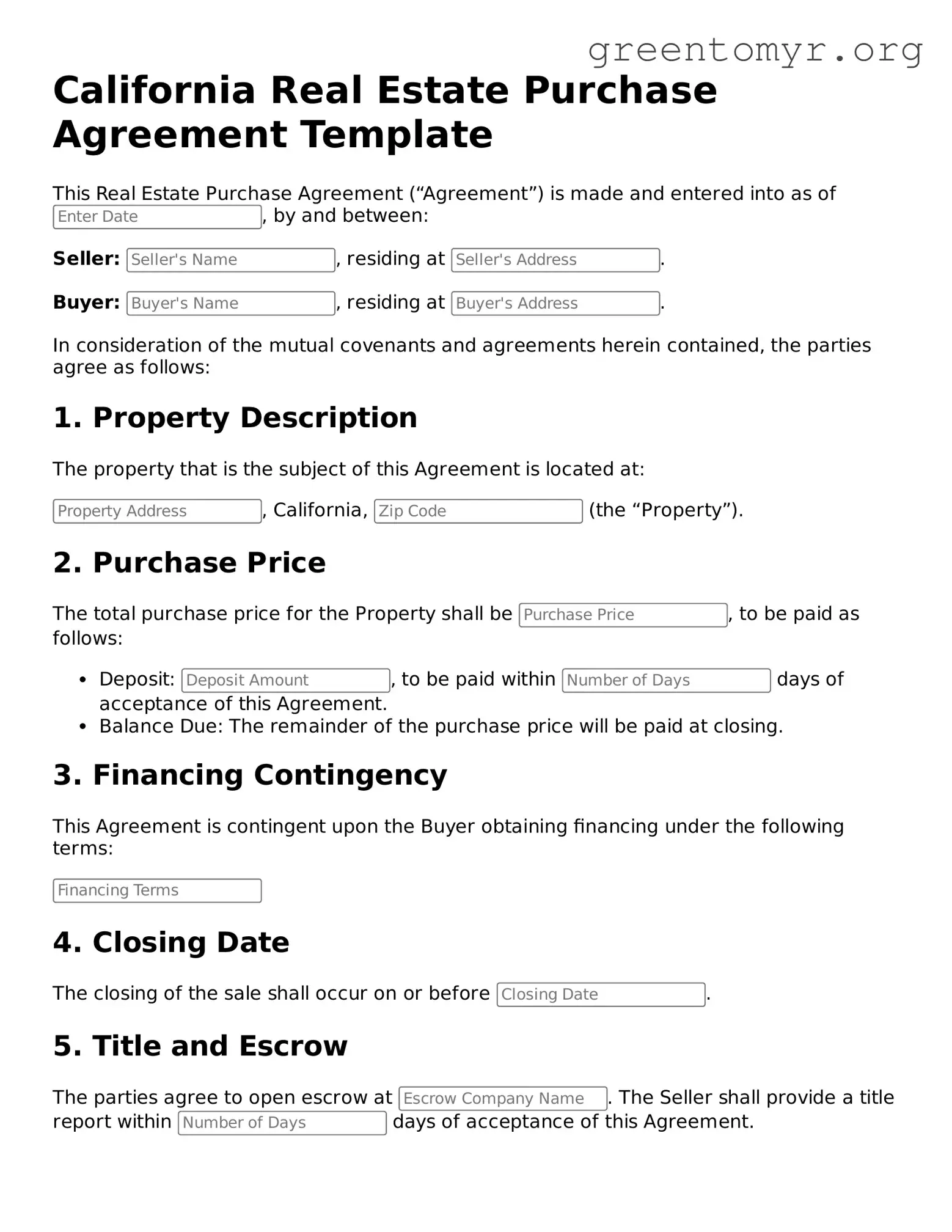 Real Estate Purchase Agreement Form for the State of California