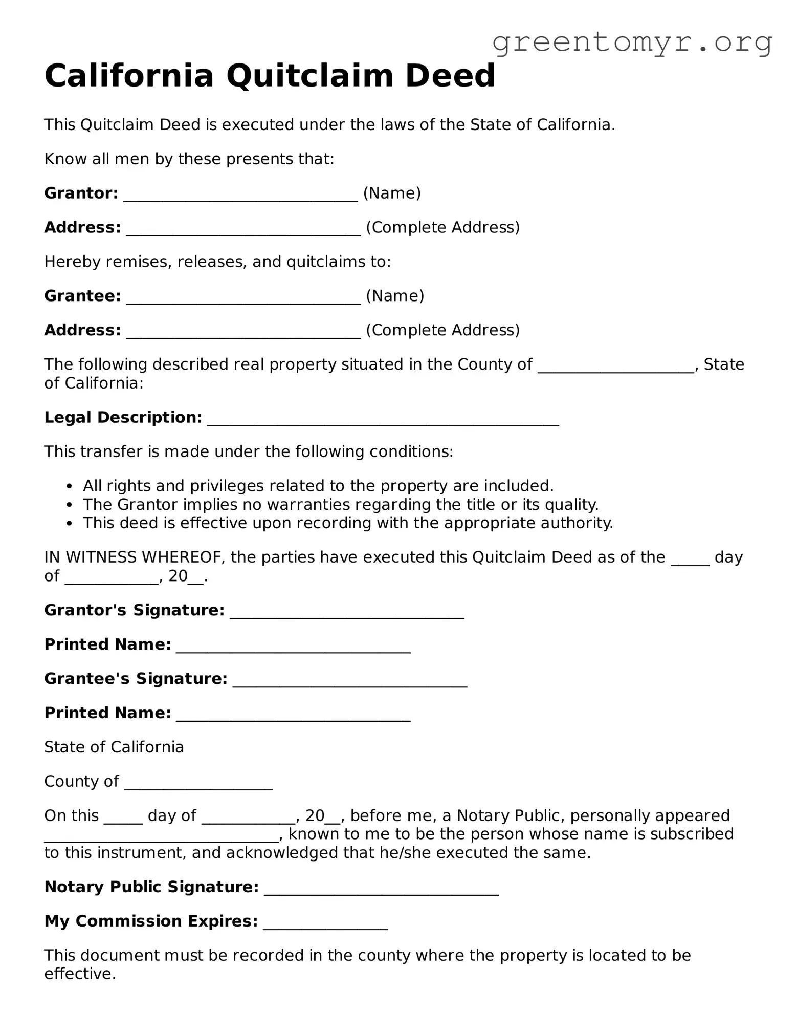 Quitclaim Deed Form for the State of California