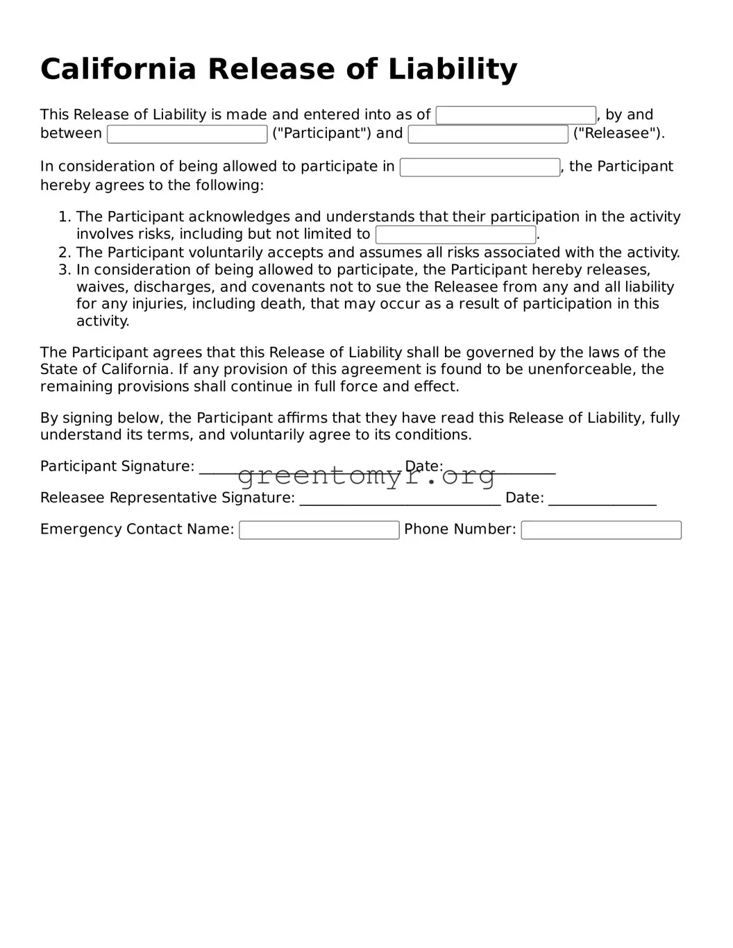 Release of Liability Form for the State of California