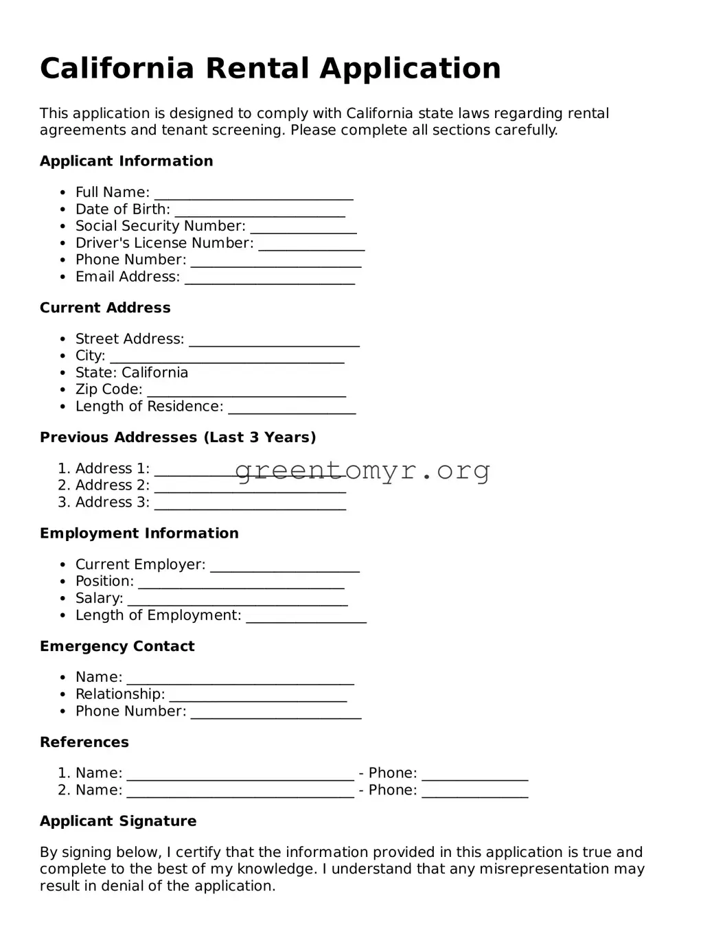 Rental Application Form for the State of California