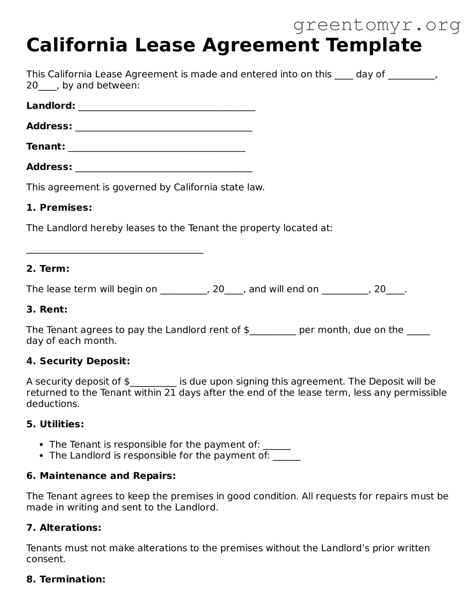 Lease Agreement Form for the State of California