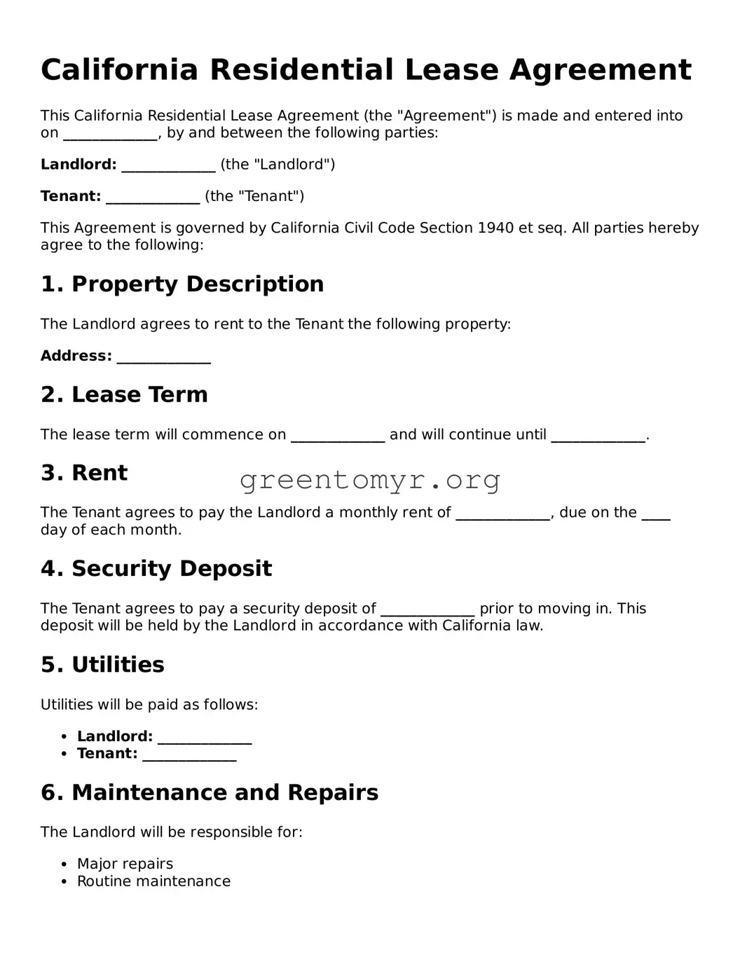 Residential Lease Agreement Form for the State of California