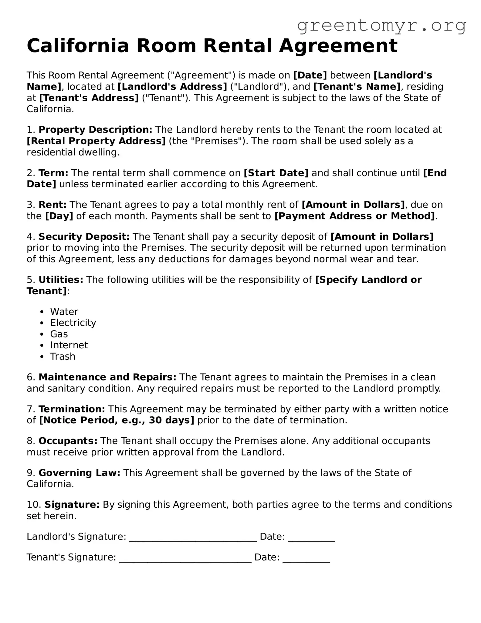 Room Rental Agreement Form for the State of California