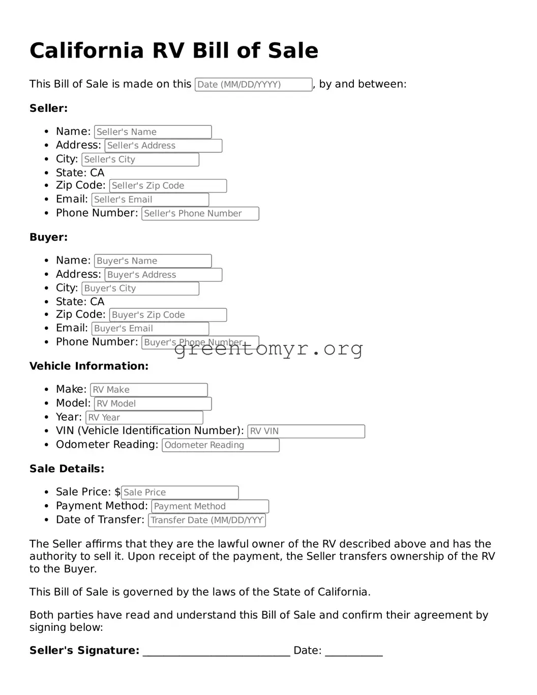 RV Bill of Sale Form for the State of California