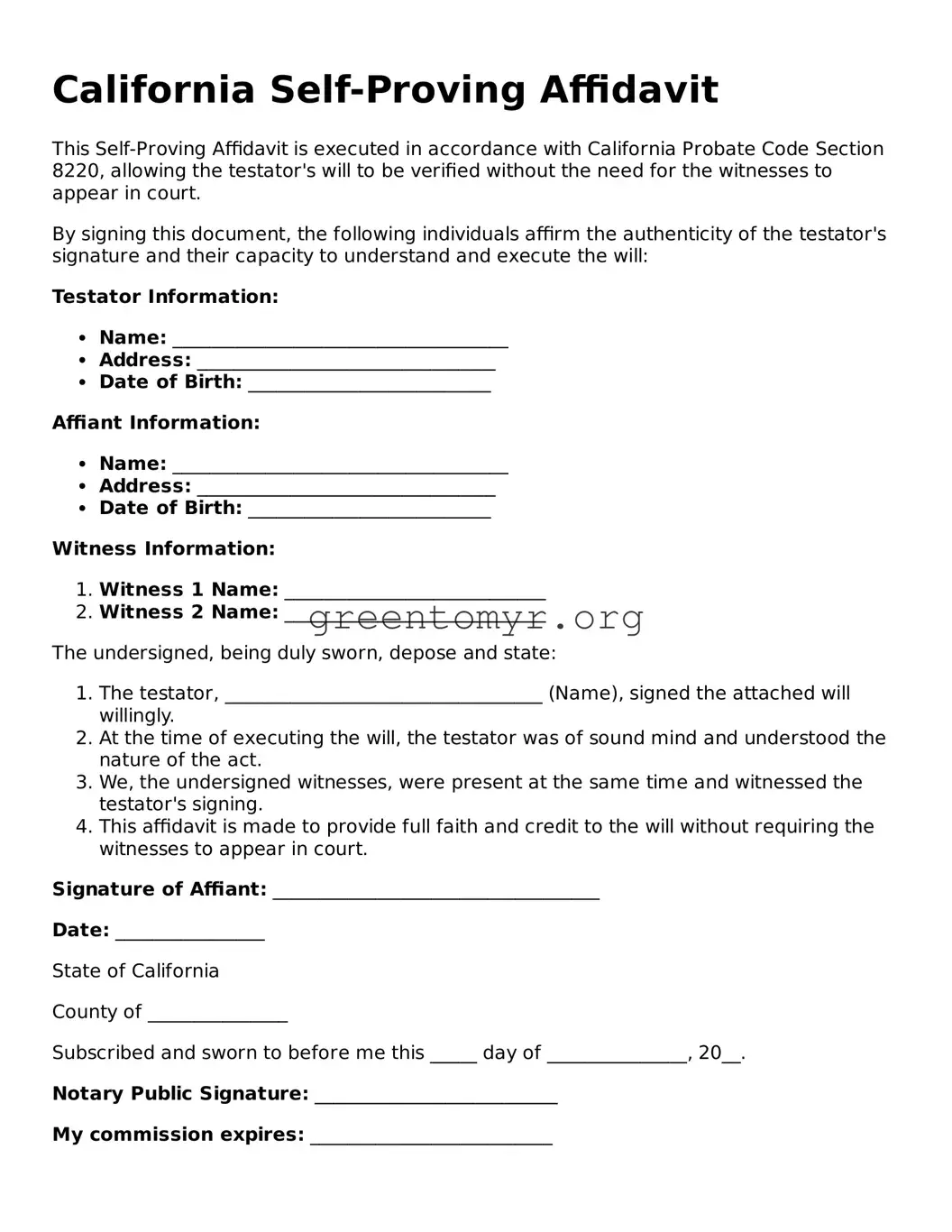 Self-Proving Affidavit Form for the State of California