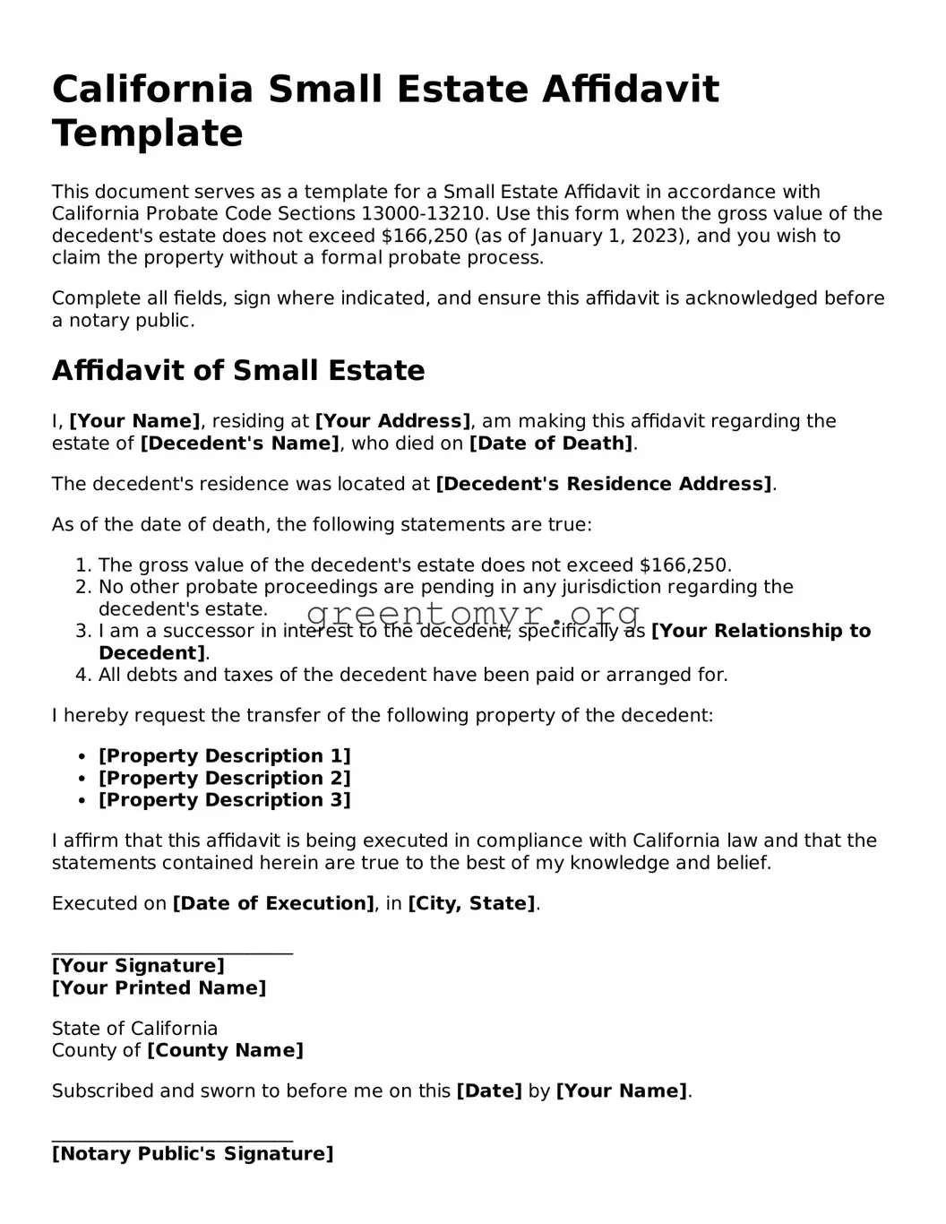 Small Estate Affidavit Form for the State of California