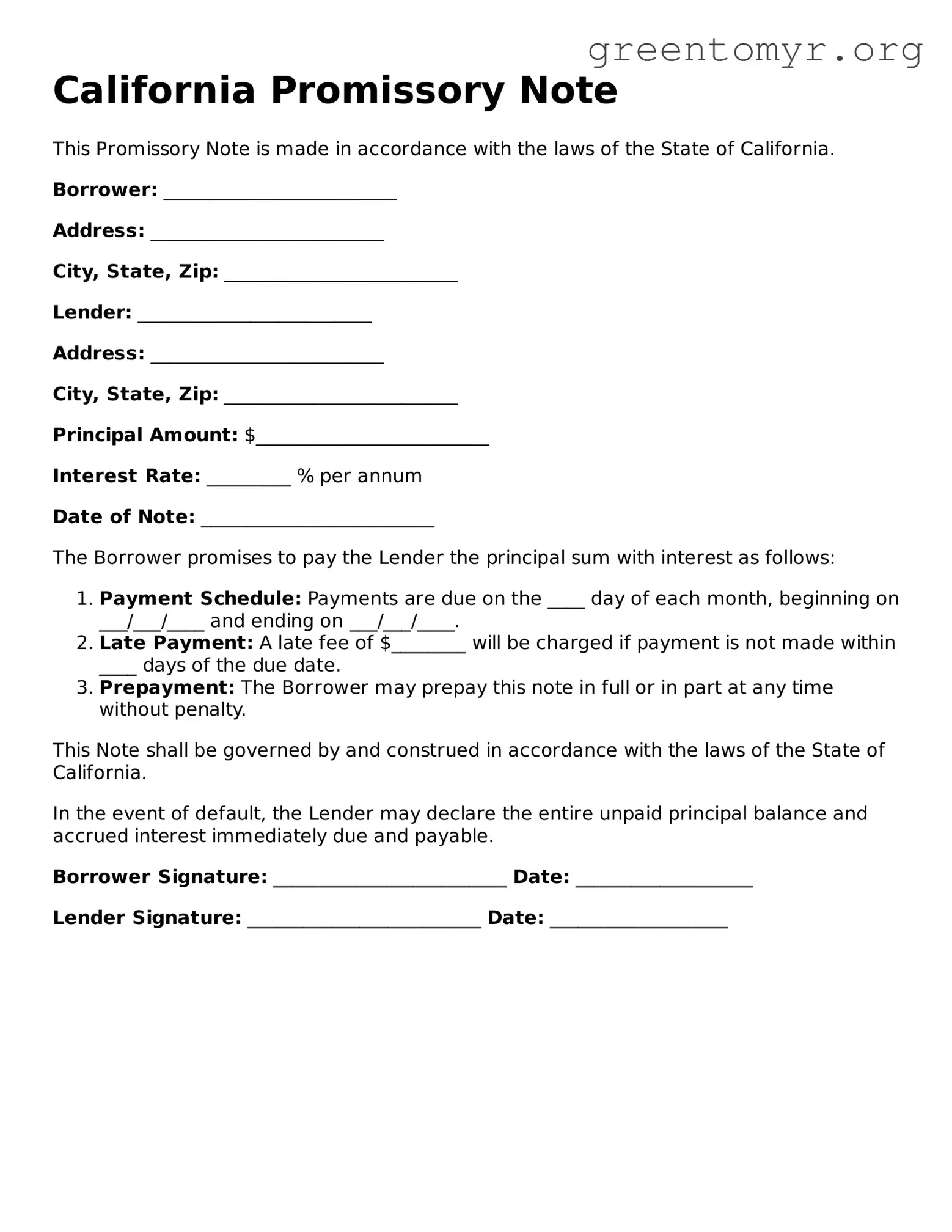 Promissory Note Form for the State of California