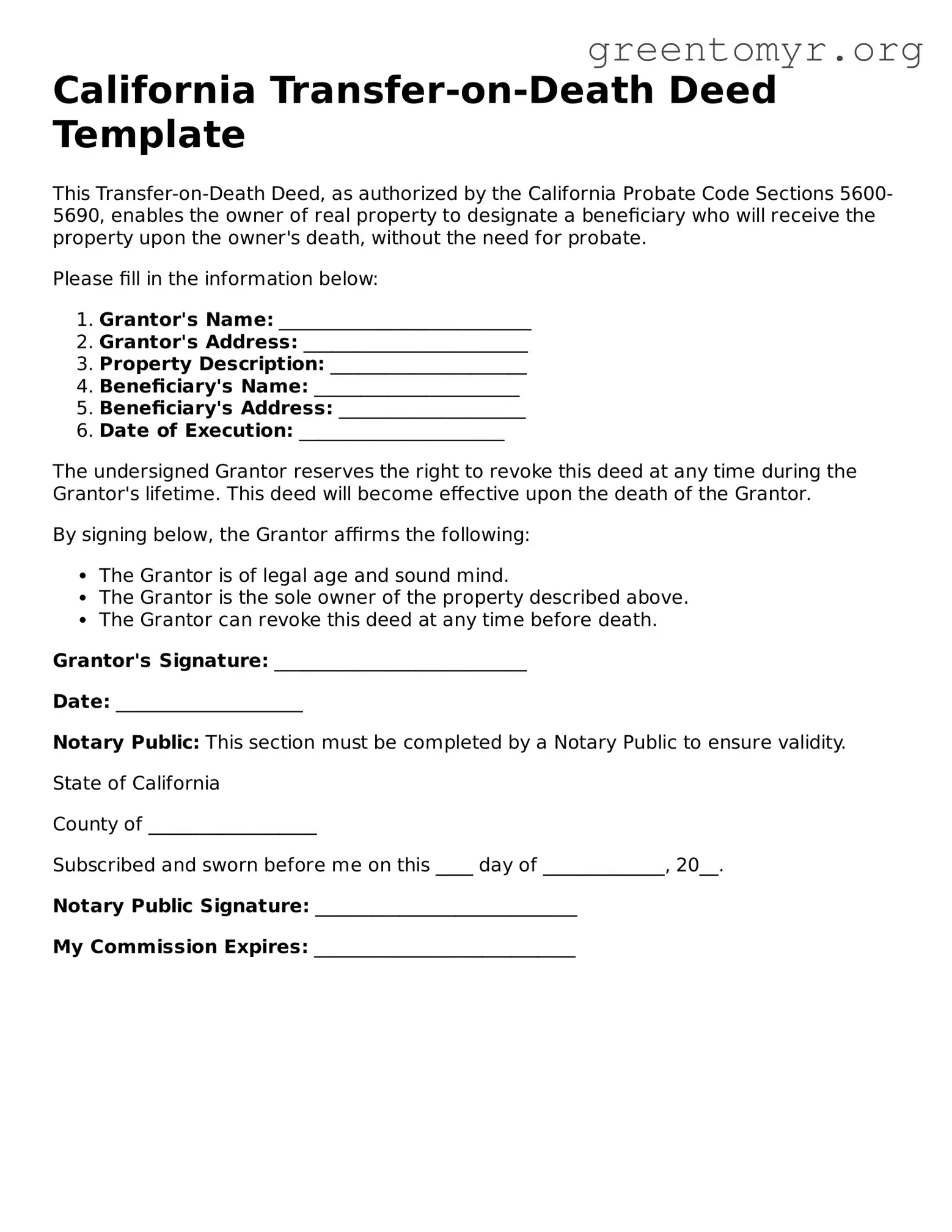 Transfer-on-Death Deed Form for the State of California