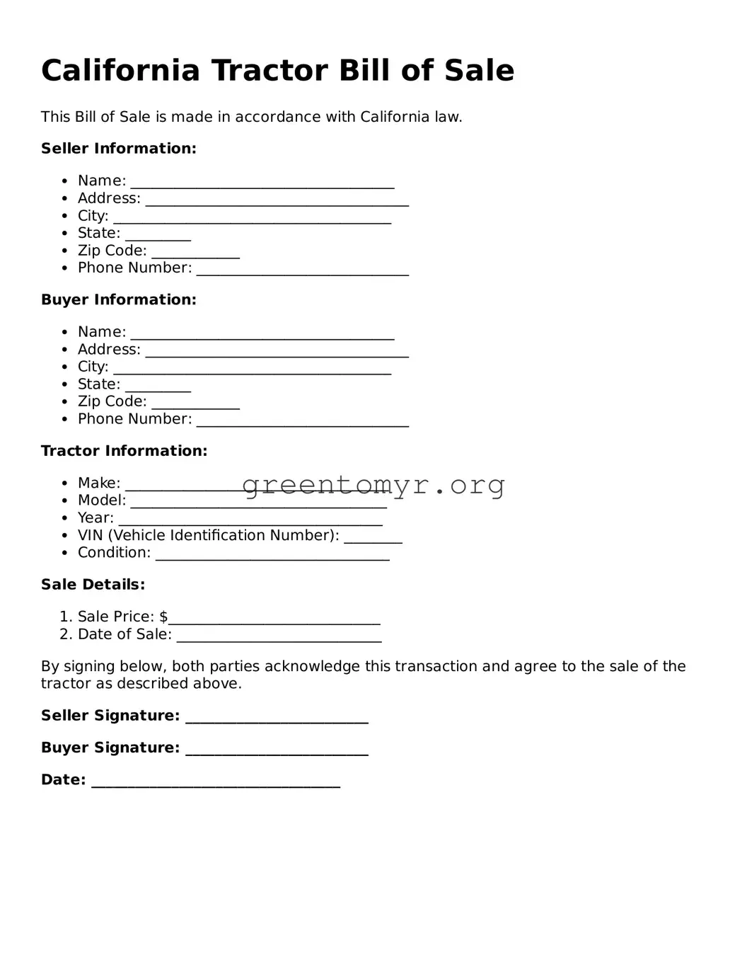 Tractor Bill of Sale Form for the State of California