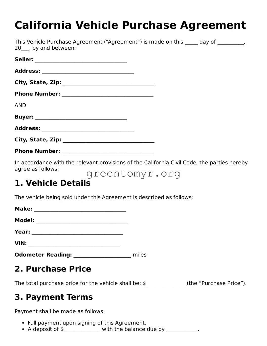 Vehicle Purchase Agreement Form for the State of California