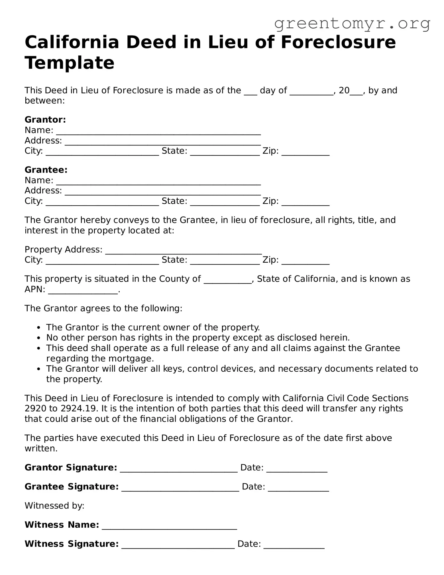 Deed in Lieu of Foreclosure Form for the State of California