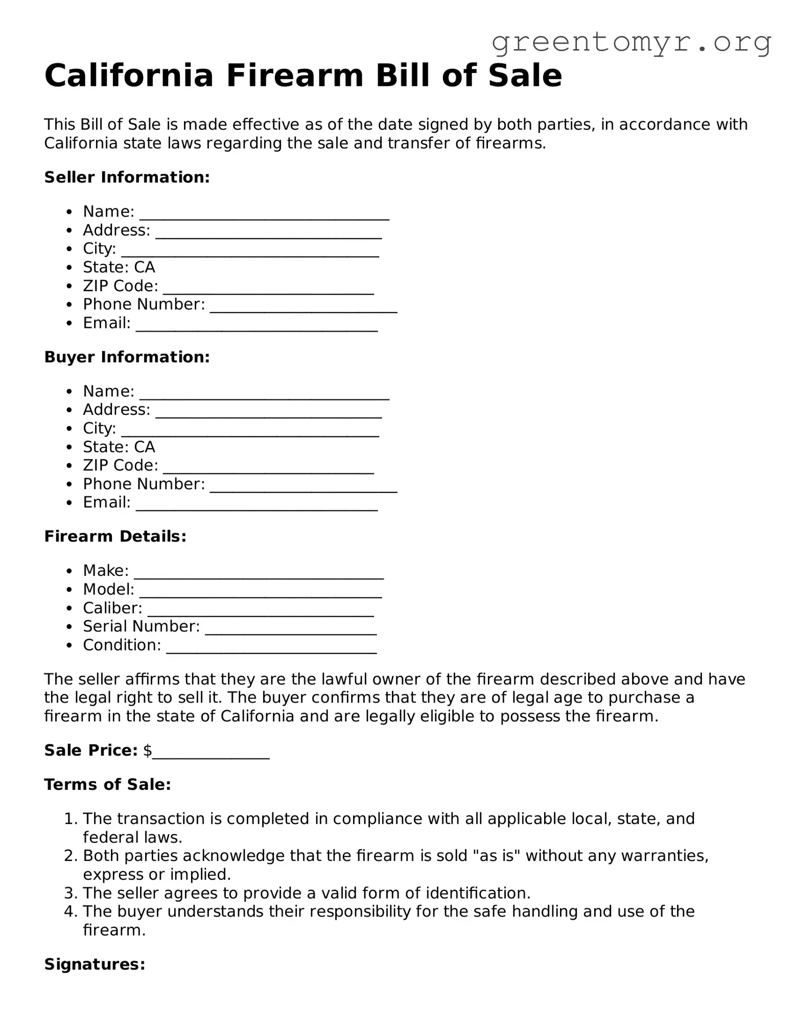 Firearm Bill of Sale Form for the State of California